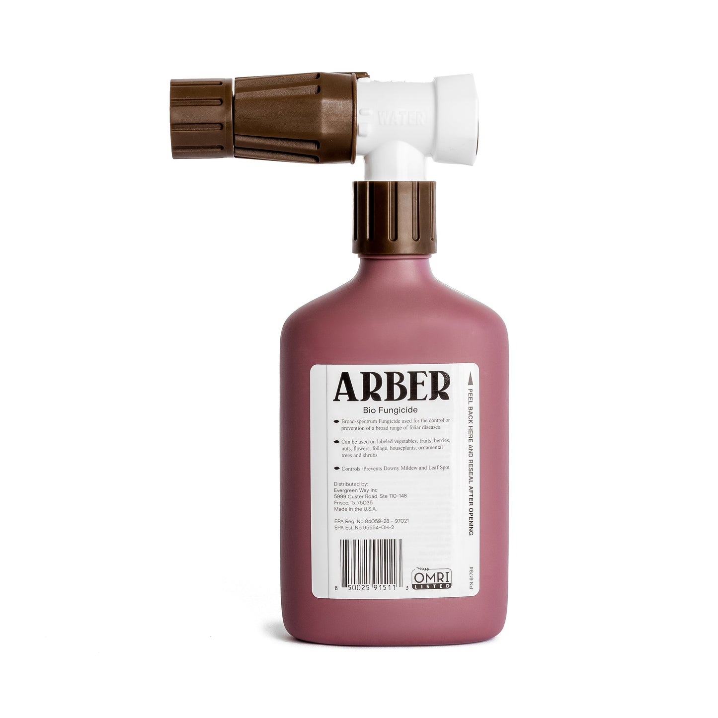 Organic fungicide for roses and flowers by Arber, showing a garden spray bottle and healthy blooming plants.