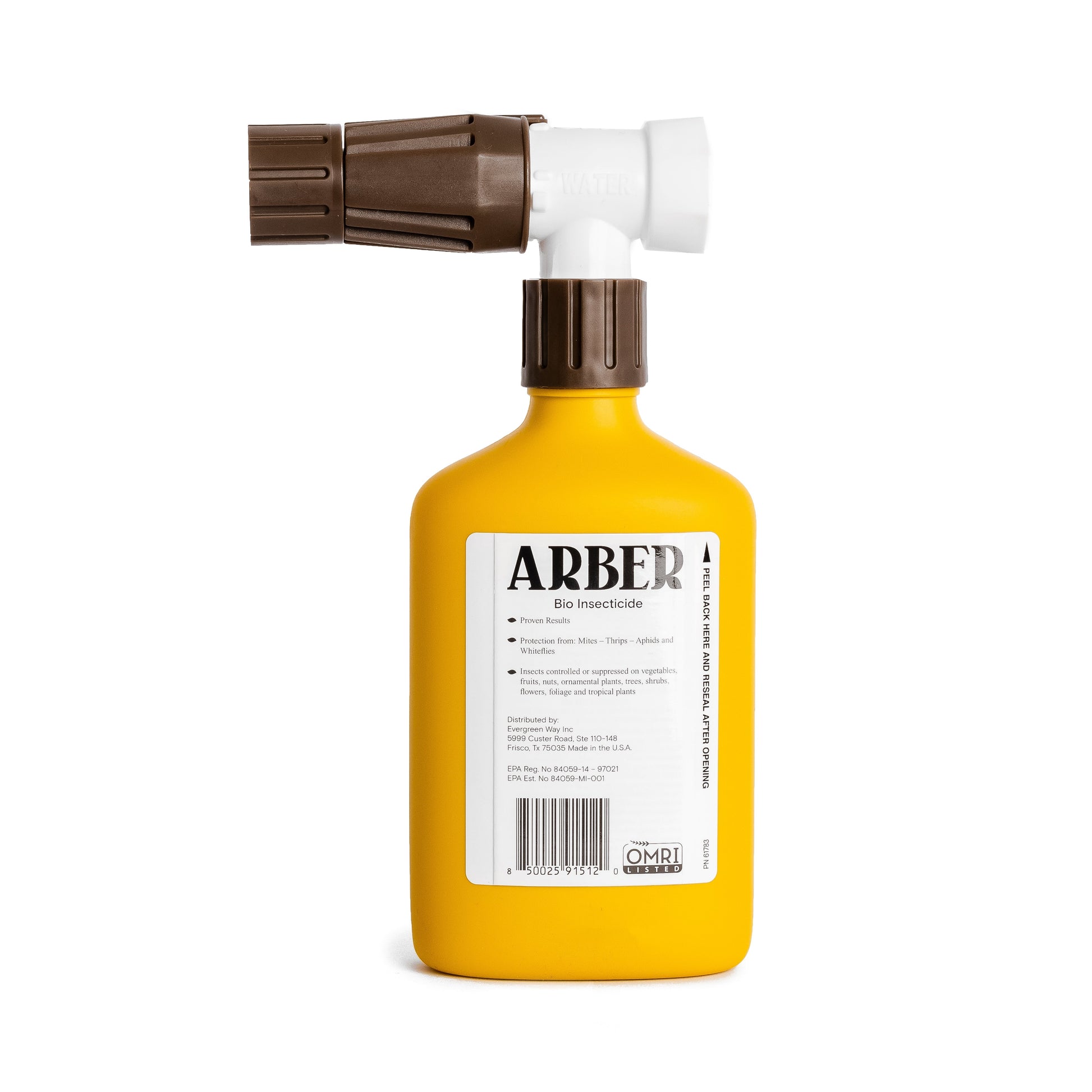 Organic Arber insecticide spray for roses and flowers, showing the bottle with label and blooming roses in the background.