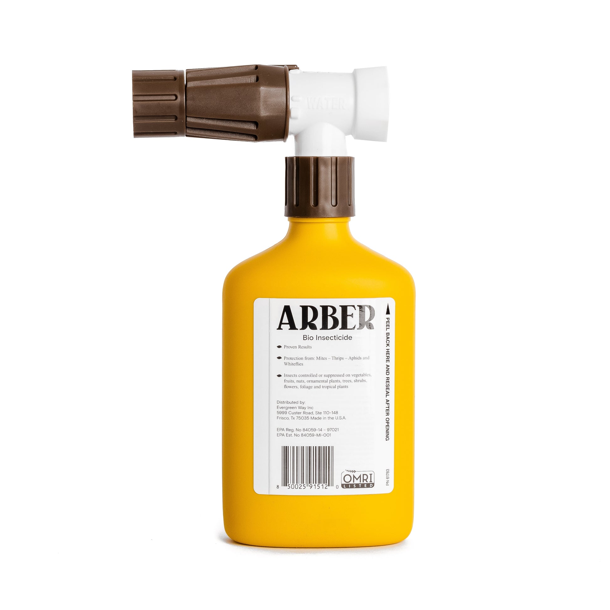 Organic insecticide by Arber for tomatoes and vegetables, showing a spray bottle and healthy garden plants.