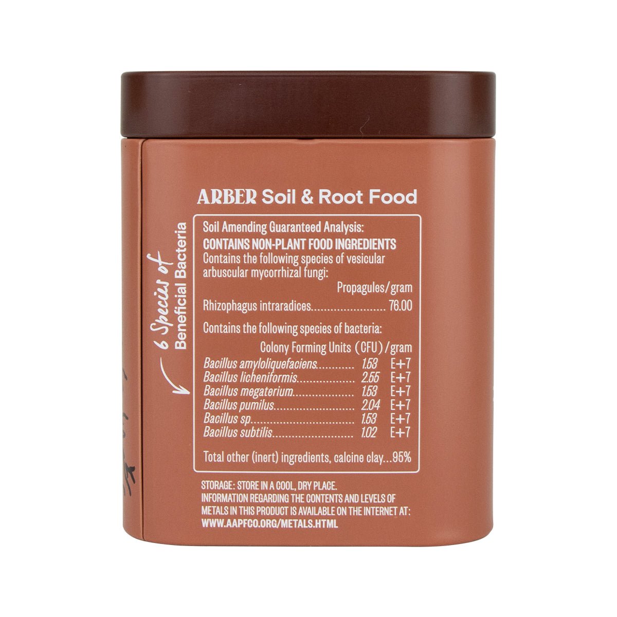 Organic Soil and Root Boost by Arber, showing a container of natural plant fertilizer with fresh soil and roots.