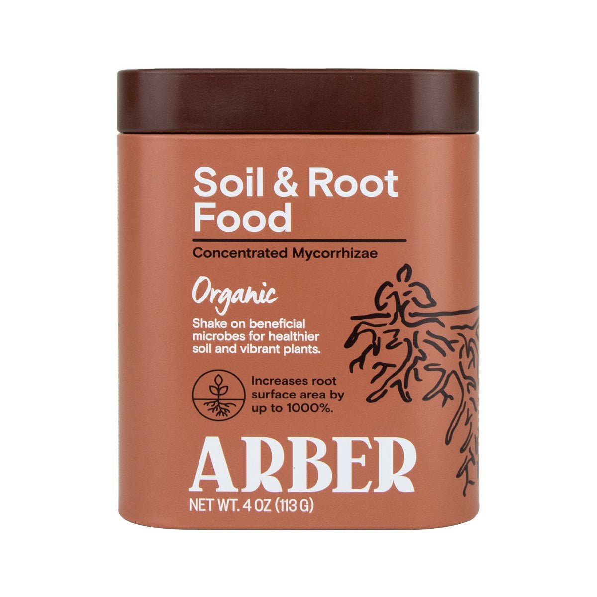 Organic Soil and Root Boost by Arber, showing a bag of natural soil enhancer for healthy plant roots.