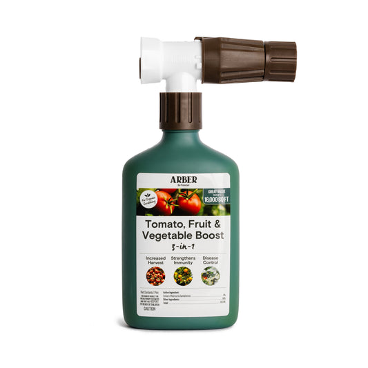 Organic tomato, fruit, and vegetable boost by Arber in a clear glass bottle, showcasing fresh ingredients for health support.