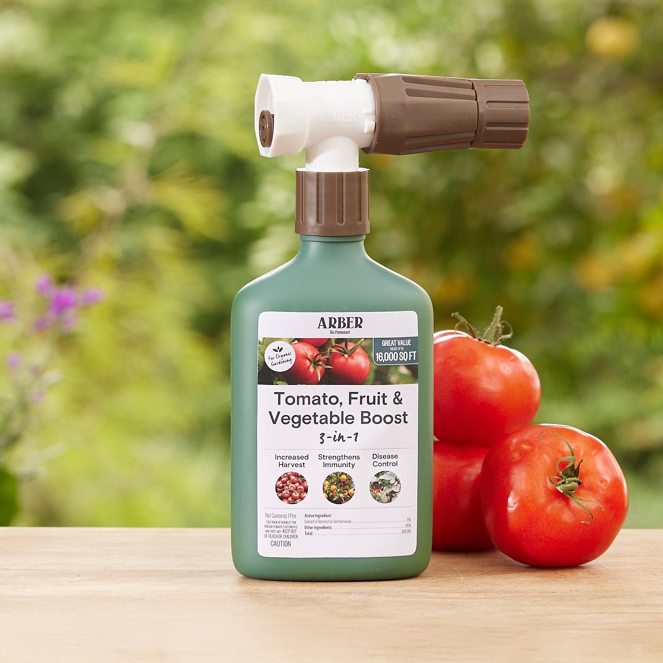 Organic tomato, fruit, and vegetable boost by Arber in a clear container, showcasing fresh ingredients for health support.