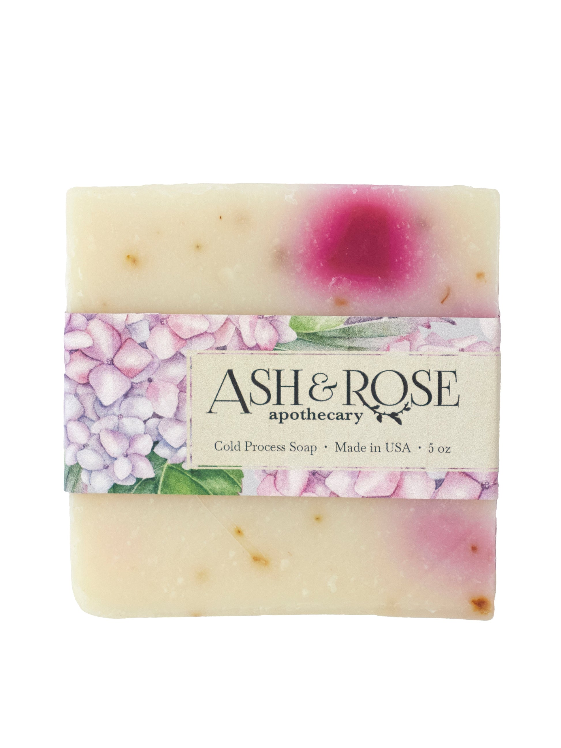 Pink Hydrangea Soap Scrub Bar by Ash & Rose, a bar soap with floral hydrangea scent and exfoliating texture, shown in the image.
