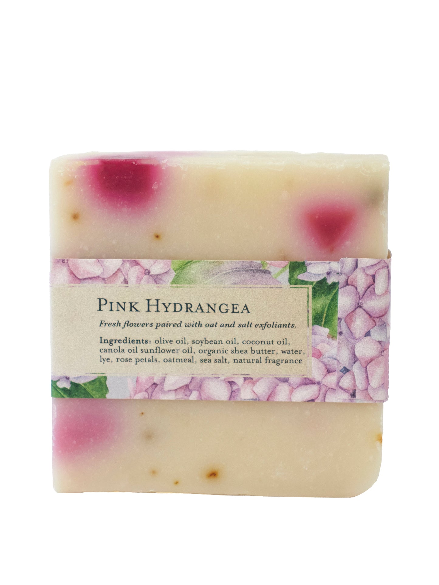 Pink Hydrangea Soap Scrub Bar by Ash & Rose, a bar soap with floral hydrangea scent and exfoliating texture.
