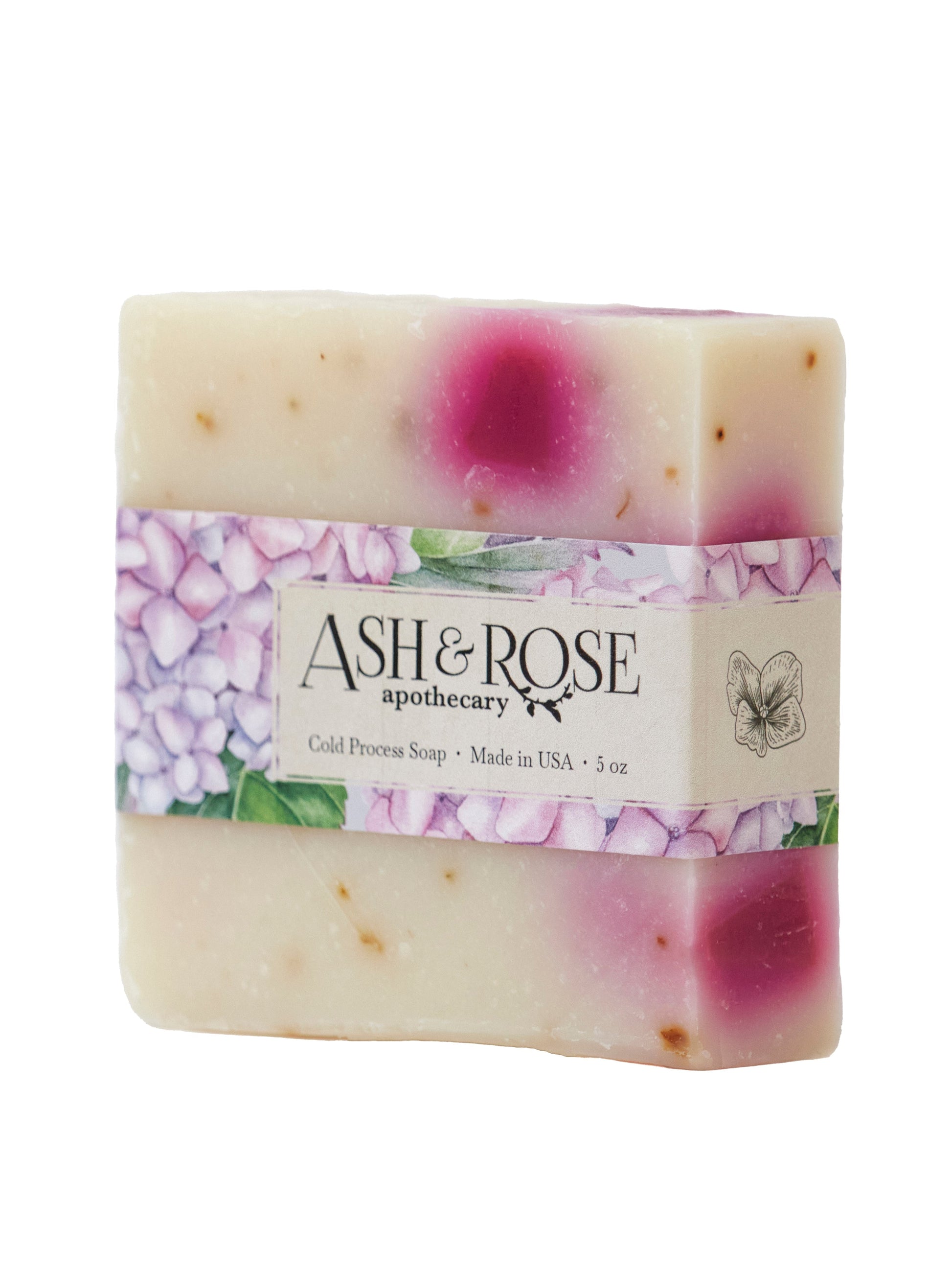 Pink Hydrangea Soap Scrub Bar by Ash & Rose, a bar soap with pink hydrangea floral scent and exfoliating texture.