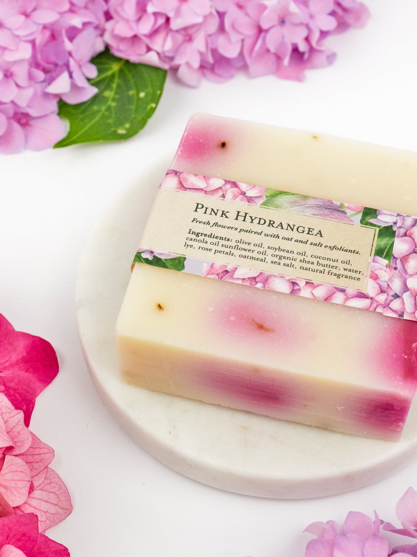 Pink Hydrangea Soap Scrub Bar by Ash & Rose, a bar soap with floral hydrangea scent and exfoliating texture.