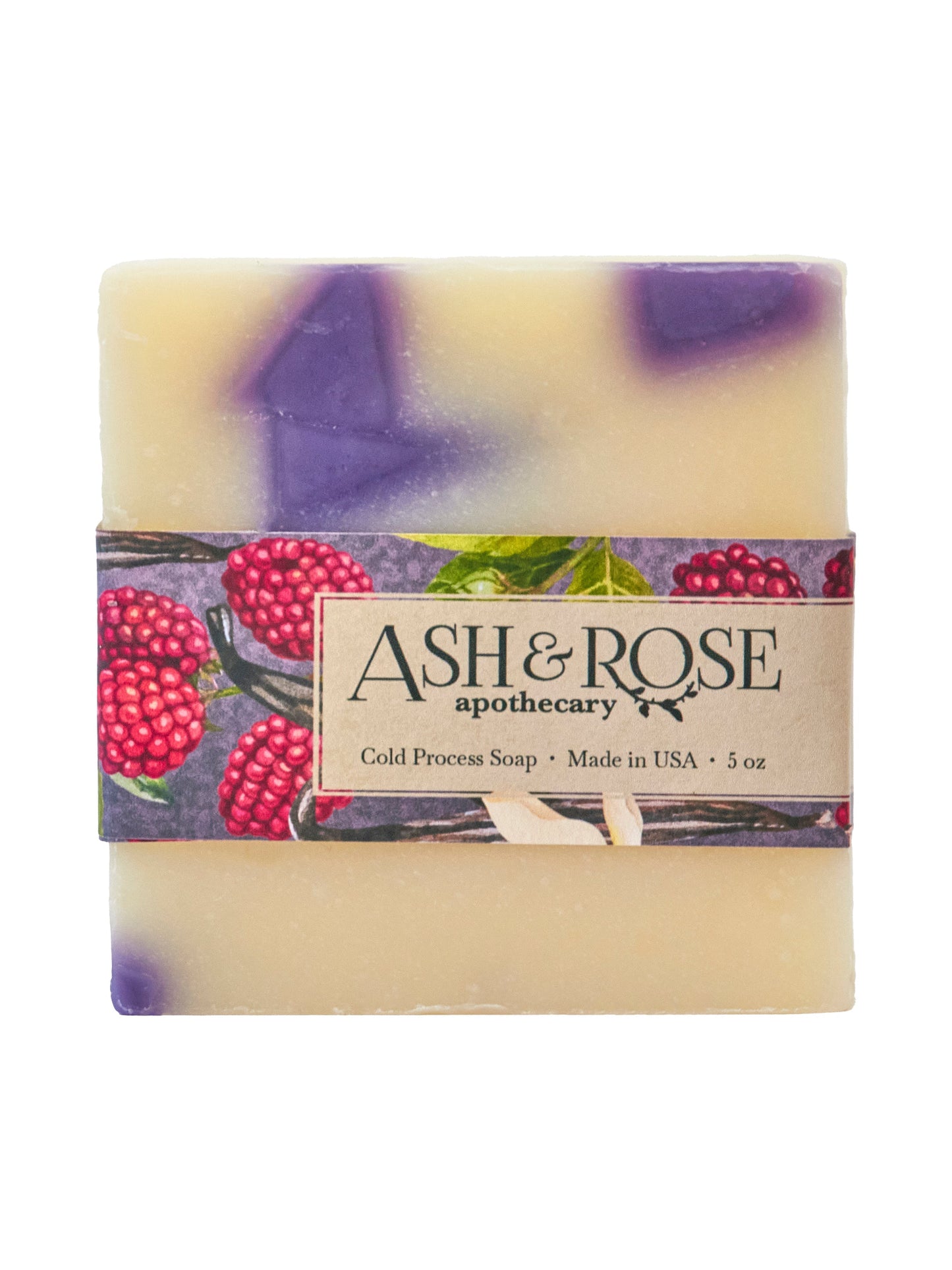 Ash & Rose Raspberry Vanilla Soap Bar, natural bar soap with raspberry and vanilla scent, shown in a close-up image.