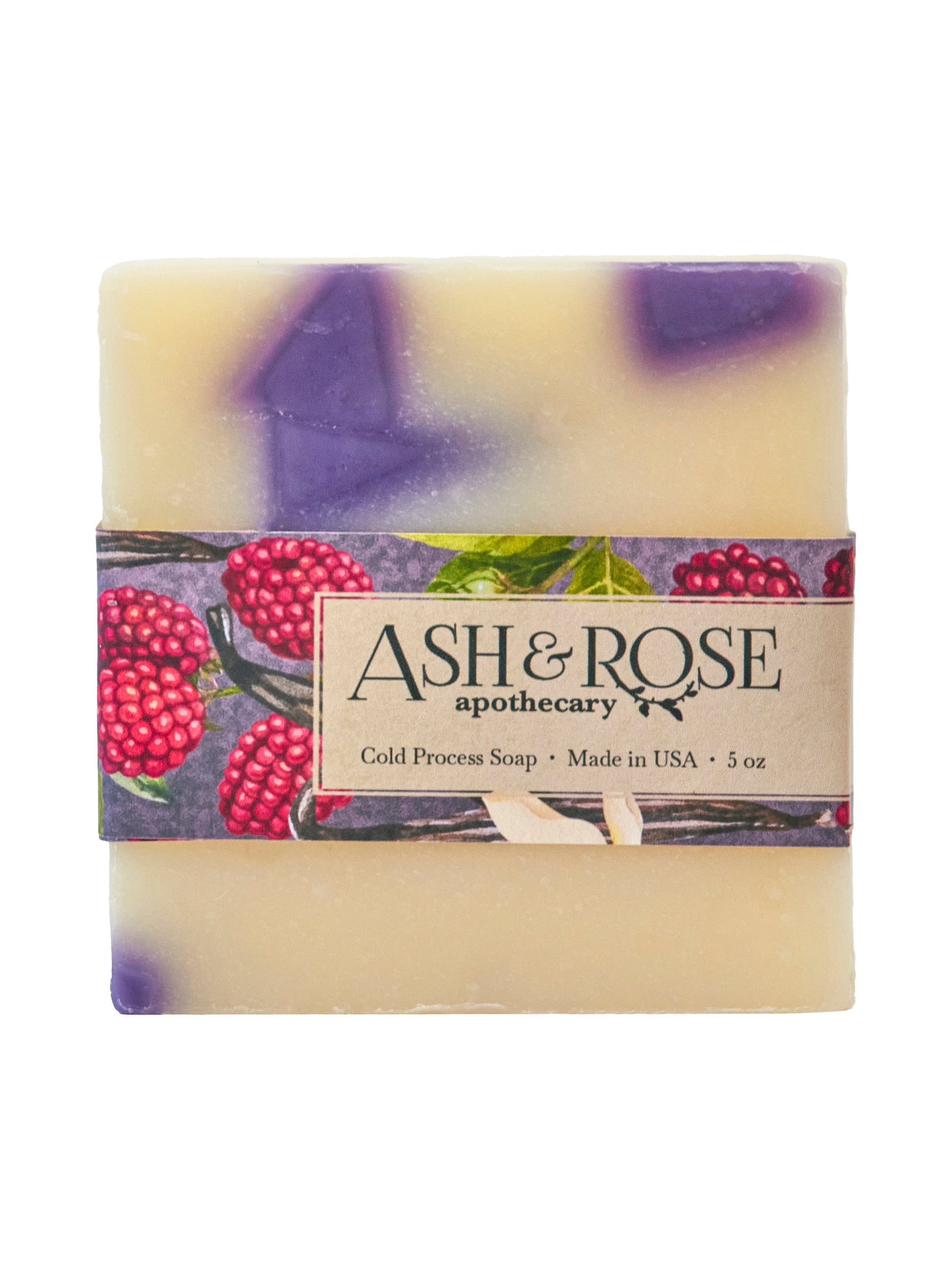 Ash & Rose Raspberry Vanilla Soap Bar, natural bar soap with raspberry and vanilla scent, shown in a close-up image.