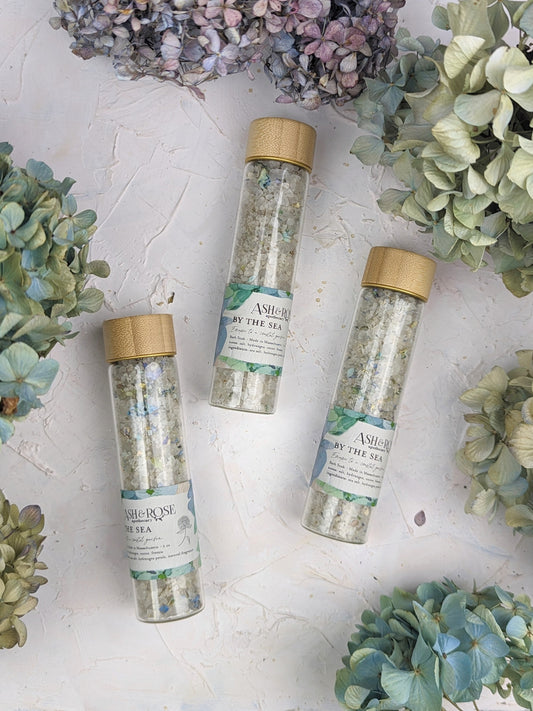 Ash & Rose By The Sea bath soak vial with natural salts and botanicals for relaxing bath experience.