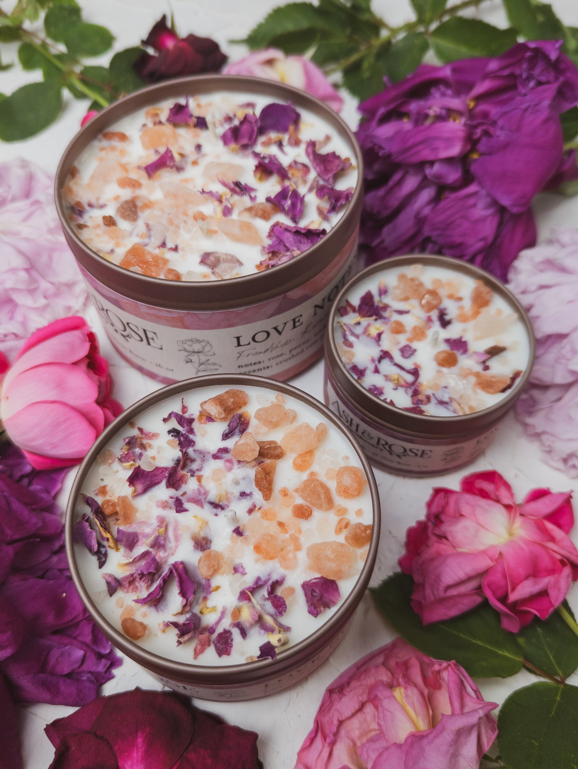 Ash & Rose Love Notes Rose and Pink Salt Candle, 4 oz, featuring a pink wax candle with a romantic design.