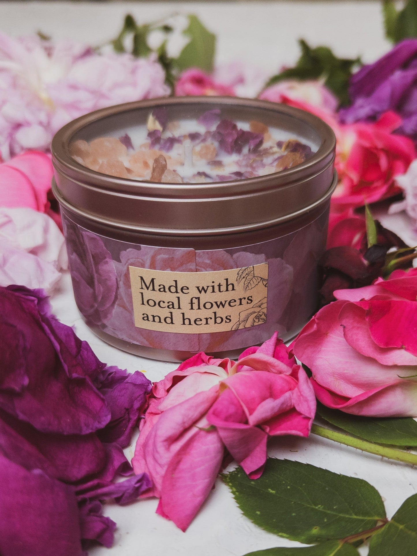 Ash & Rose LOVE NOTES Rose and Pink Salt Candle, 4 oz, featuring a glass jar with a pink-hued candle and floral design.
