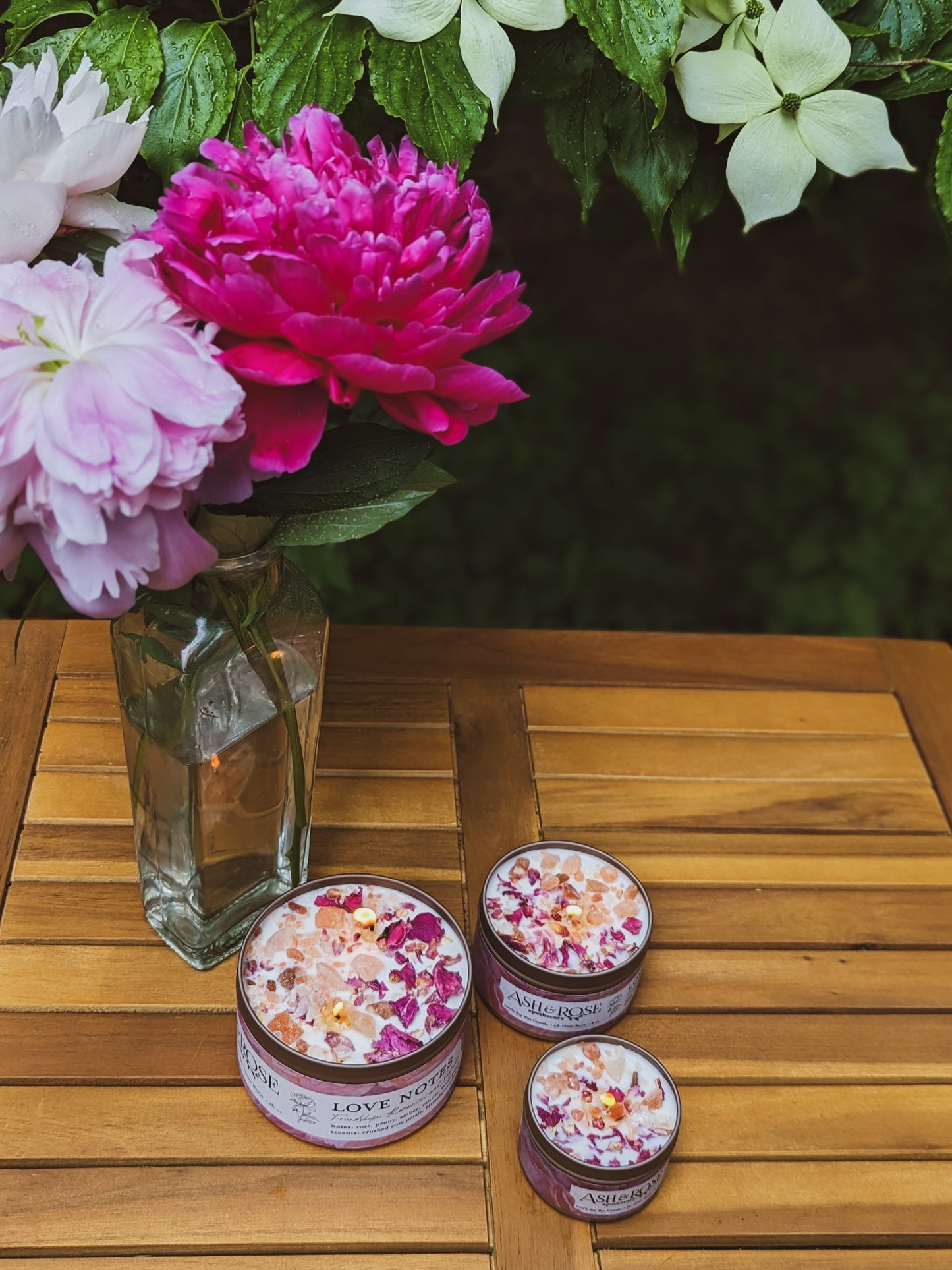 Ash & Rose Love Notes Rose and Pink Salt Candle with a white ceramic holder and soft pink wax, 4 oz.