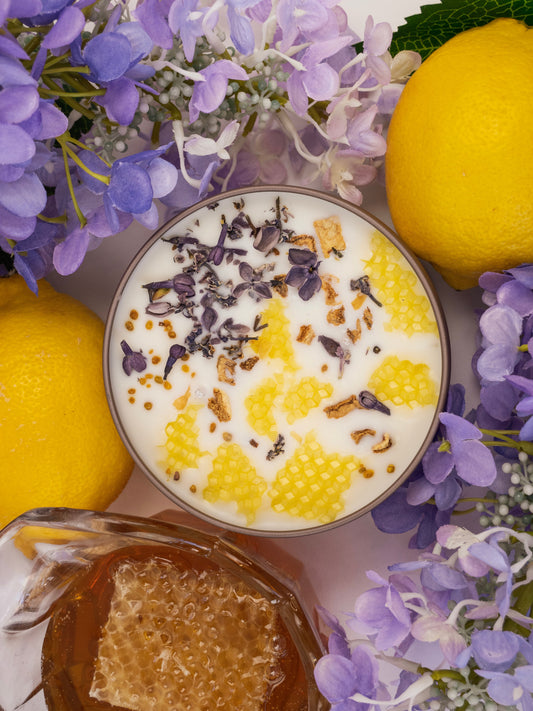 Ash & Rose Nectar Lilac Lemon Honey candle, 4 oz, featuring a lilac, lemon, and honey scented candle with a decorative label.