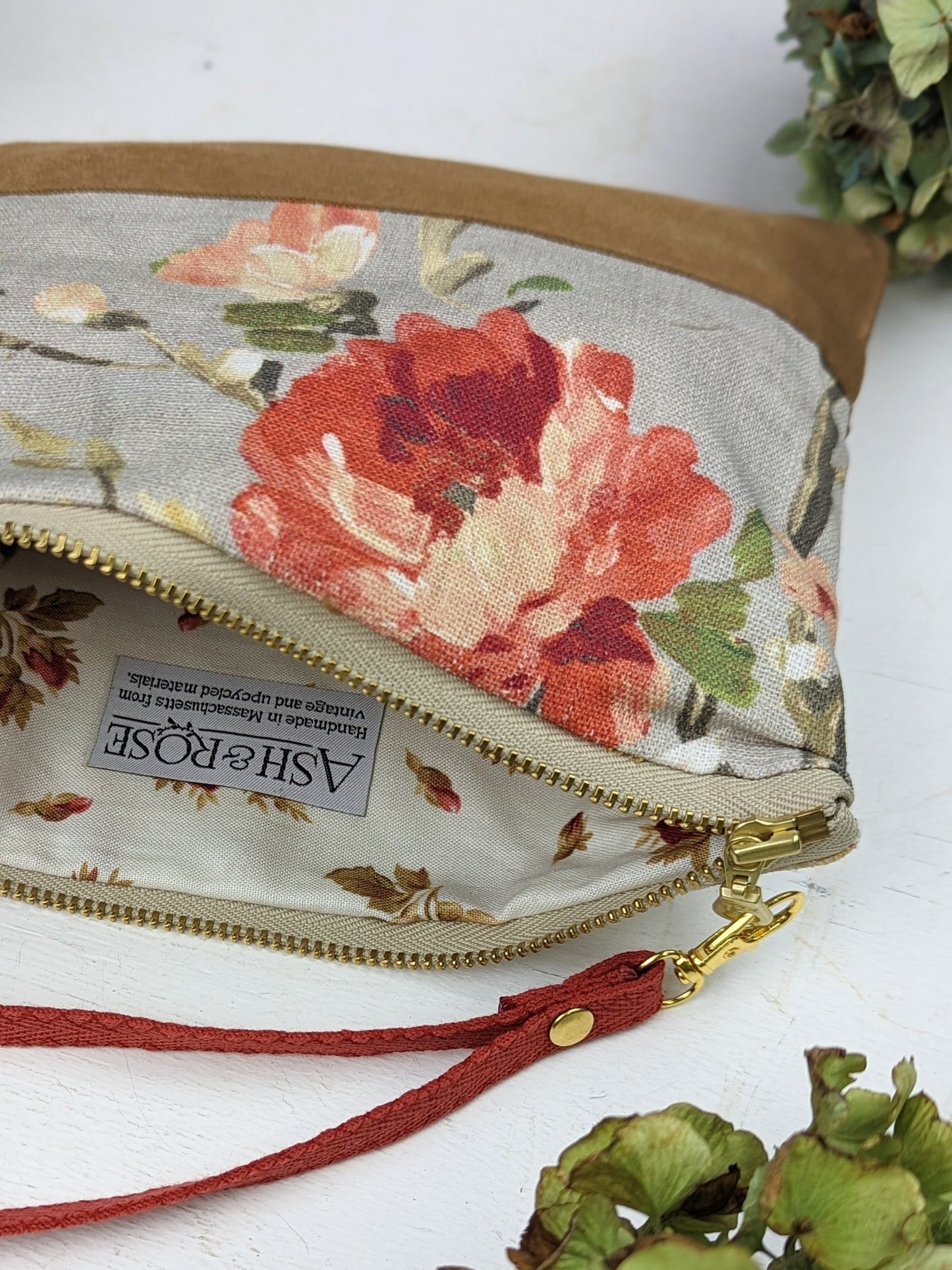 Dusty blue Ash & Rose antique roses handbag, stylish leather purse with vintage floral design and elegant craftsmanship.