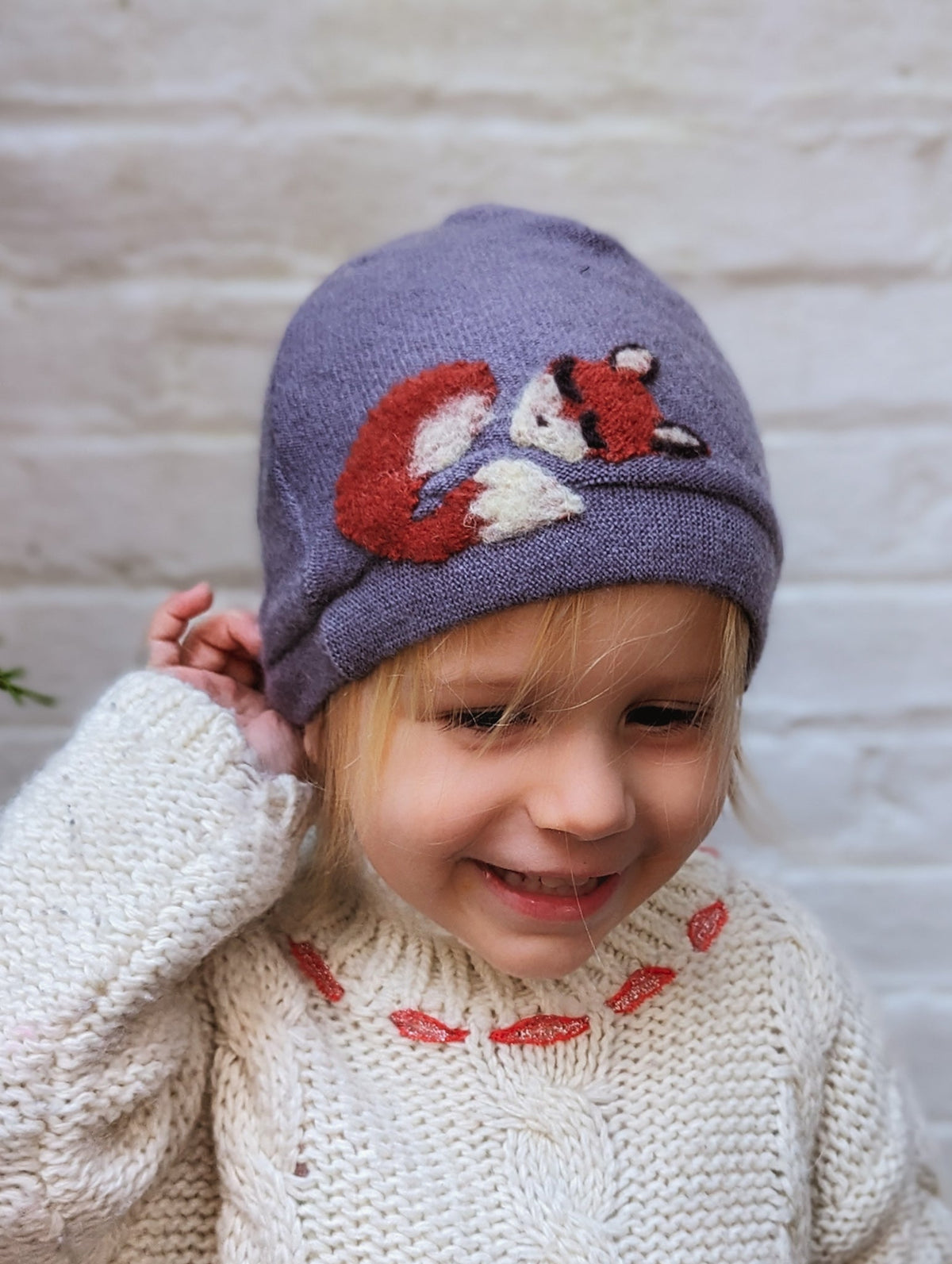 Toddler lavender cashmere hat with sleeping fox design from Ash & Rose, soft and cozy for little ones.