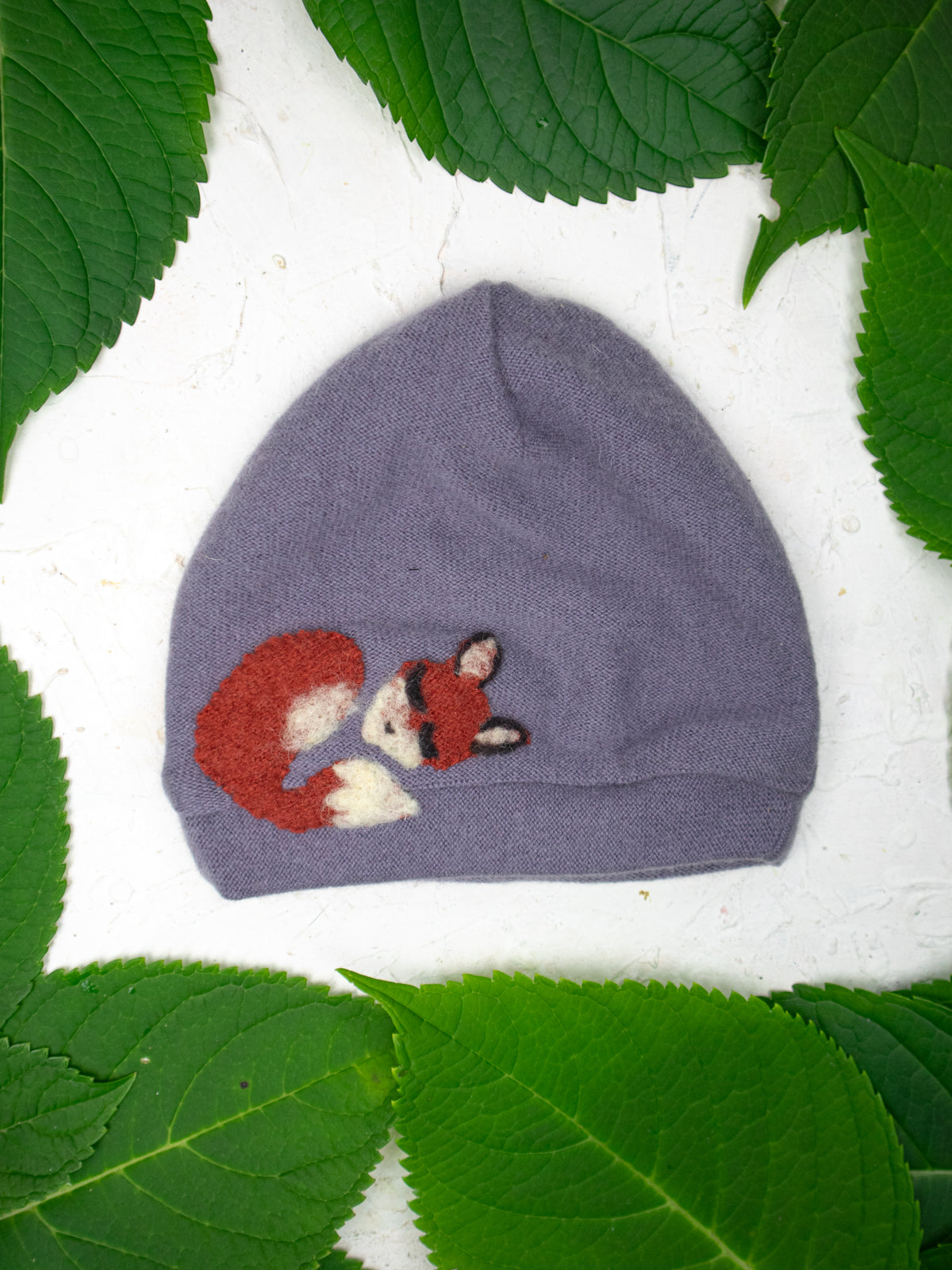 Toddler lavender cashmere hat with sleeping fox design by Ash & Rose, soft and cozy for little ones.