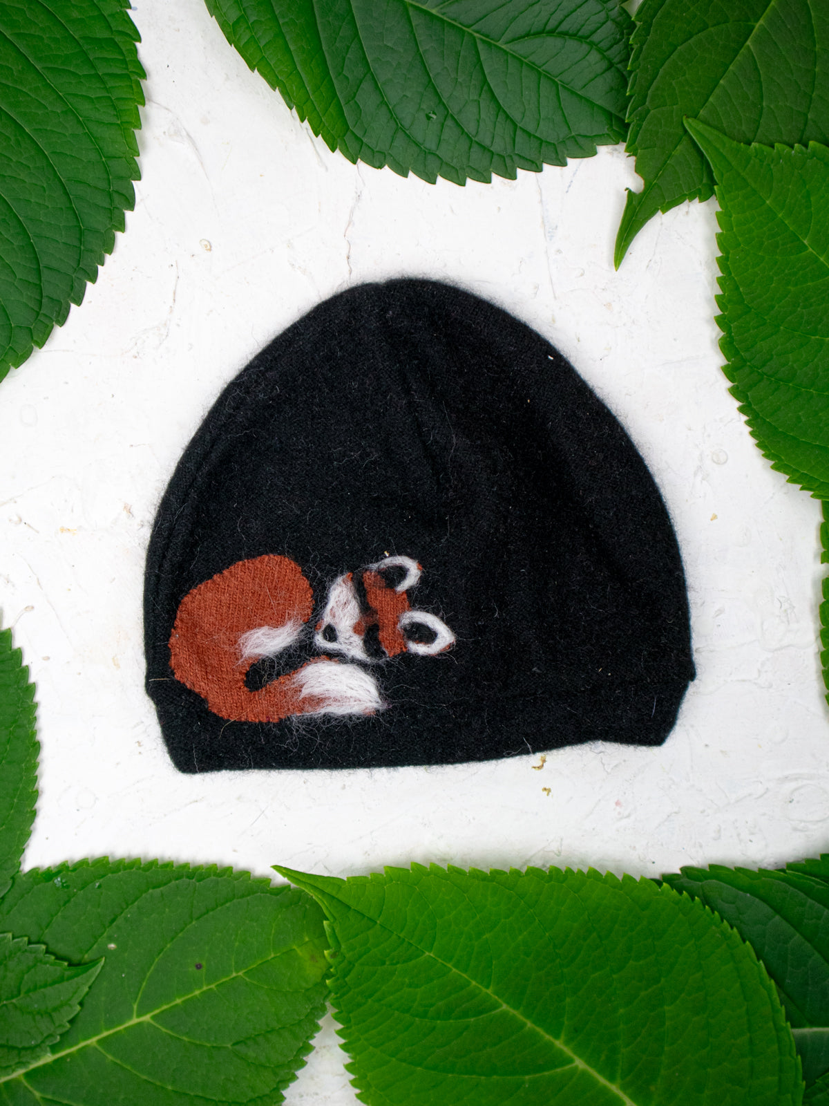 Toddler lavender cashmere hat with a sleeping fox design by Ash & Rose, soft and cozy for little ones.