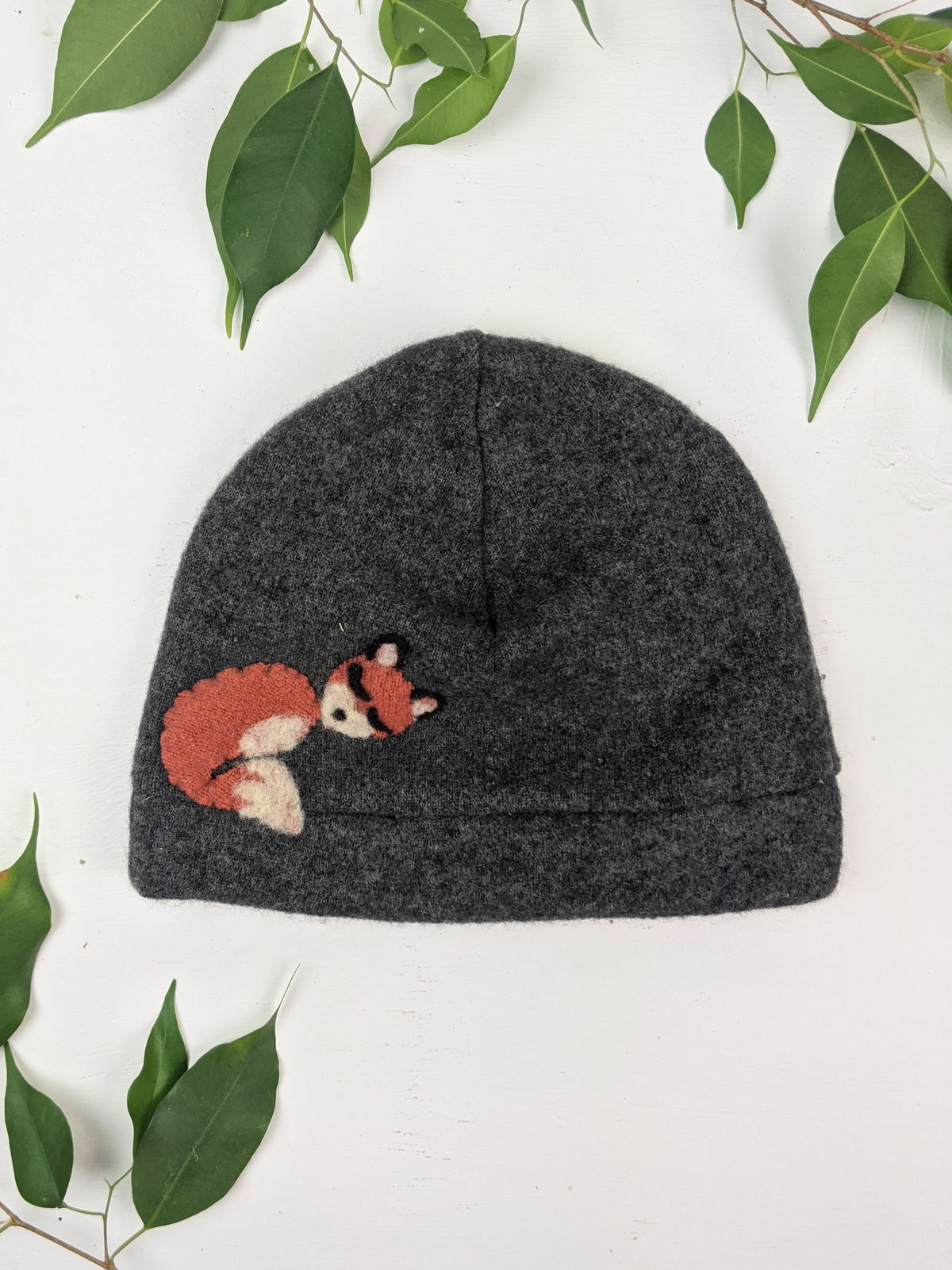 Toddler lavender cashmere hat with sleeping fox design by Ash & Rose, soft and cozy for little ones.