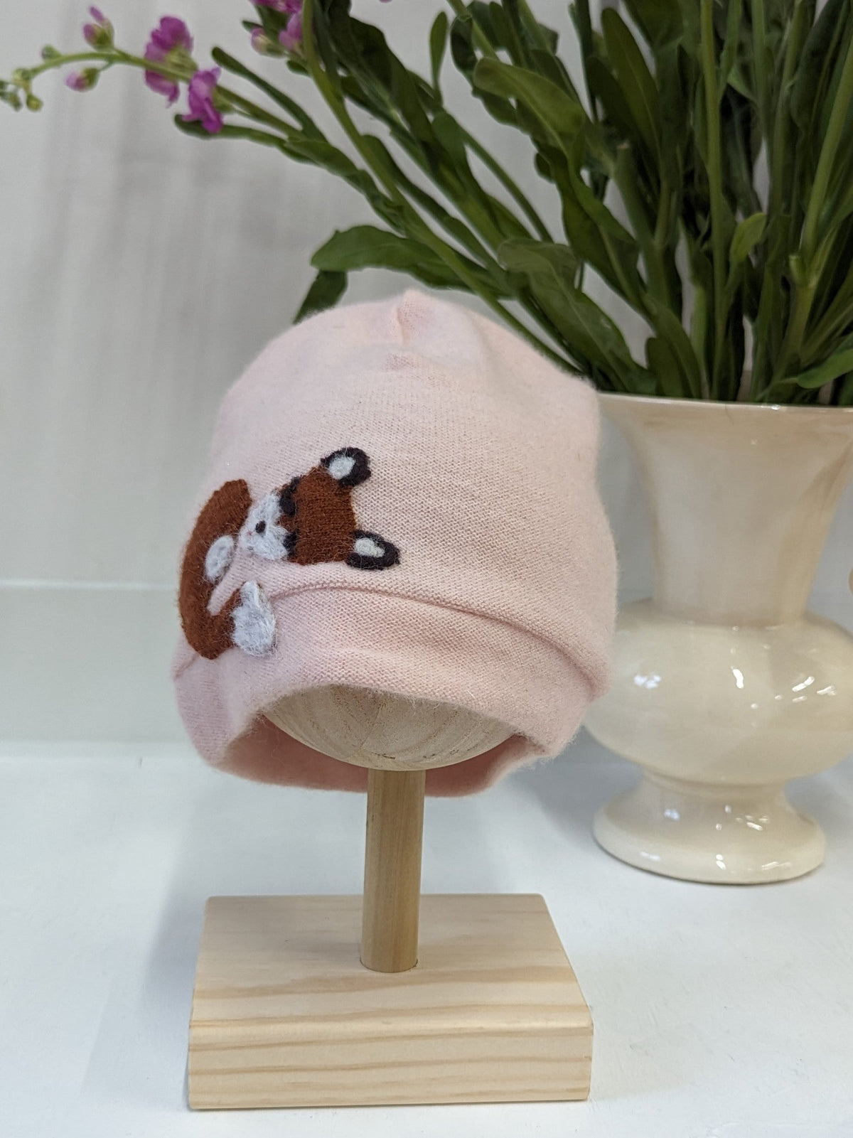 Toddler lavender cashmere hat with sleeping fox design by Ash & Rose, soft and cozy for little ones.