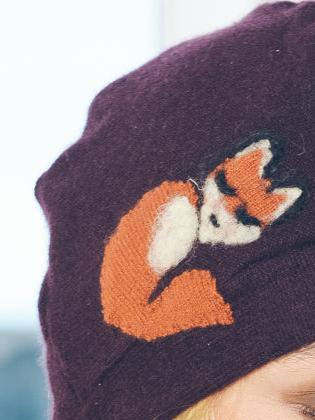 Toddler lavender Cashmere hat featuring a sleeping fox design by Ash & Rose, soft and cozy for cold weather.