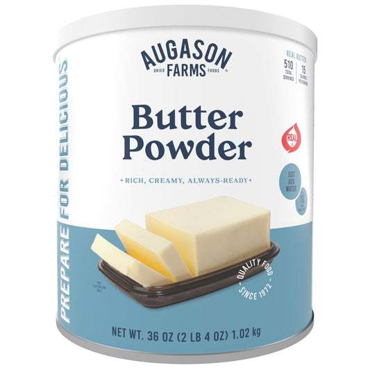 Augason Farms butter powder can with 510 servings, a butters and spreads product, showing a sealed can of butter powder.