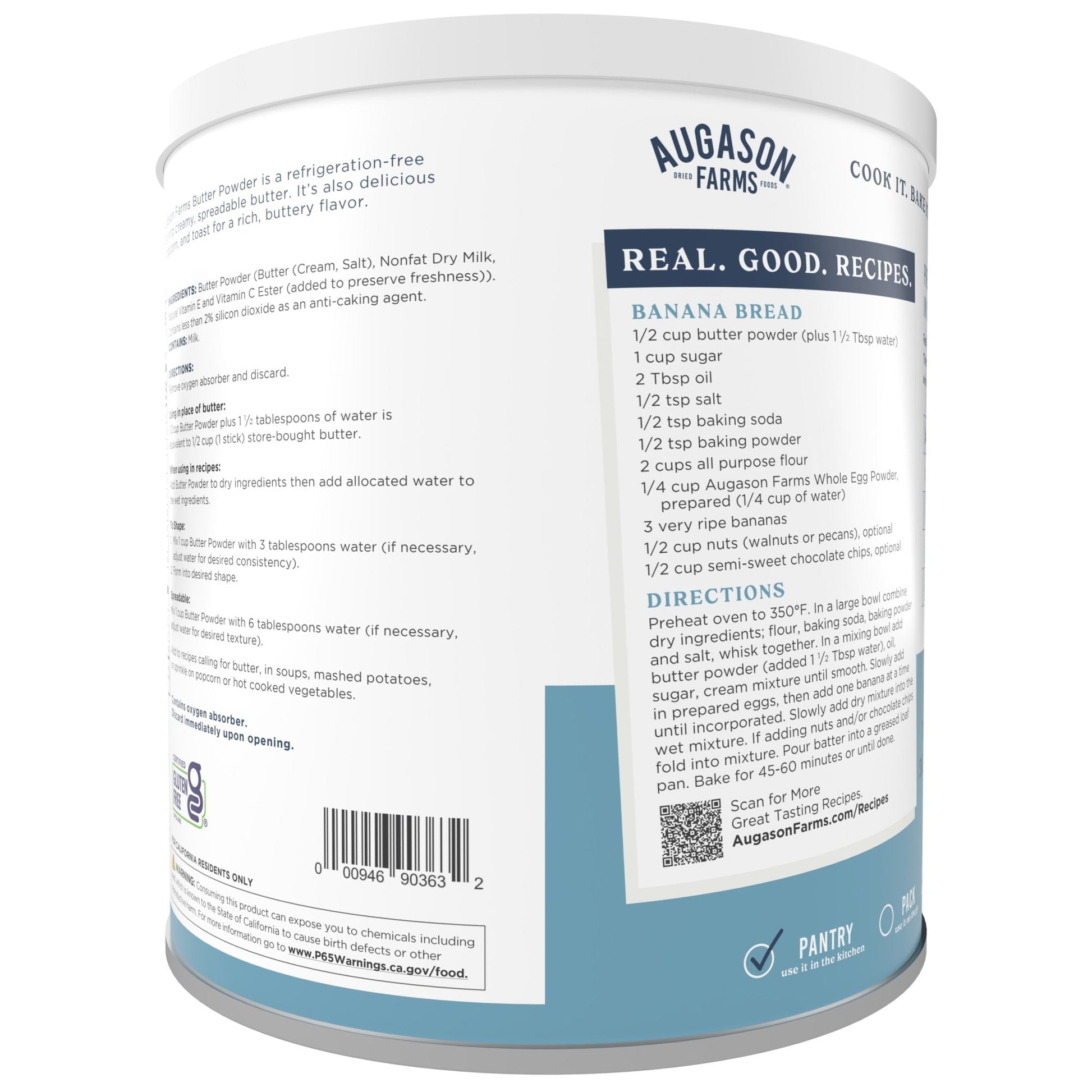 Augason Farms butter powder can with 510 servings, a butters and spreads product, showing a large white canister of powdered butter.