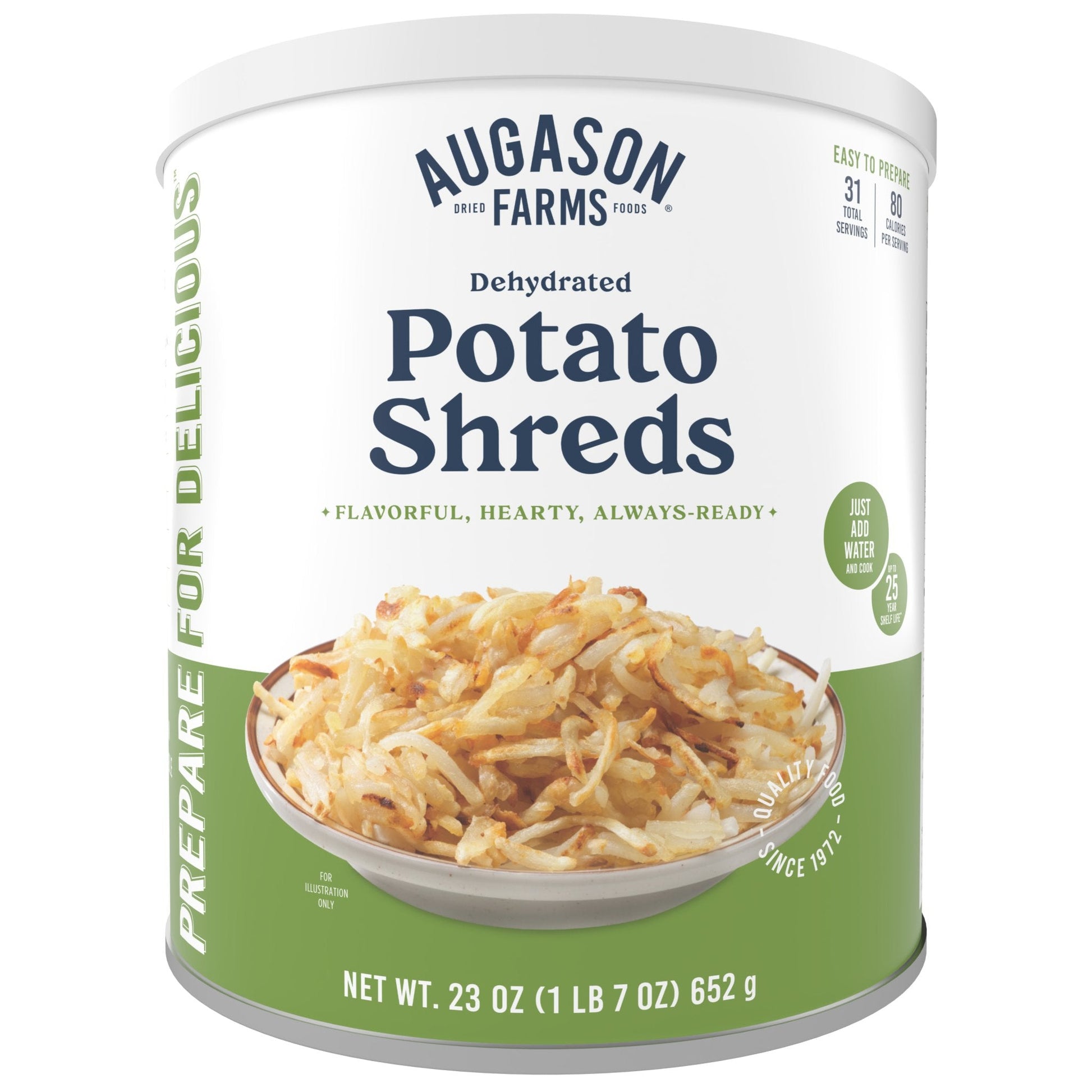 Canned dehydrated potato shreds from Augason Farms in a 31-serving can, ideal for cooking and food storage.