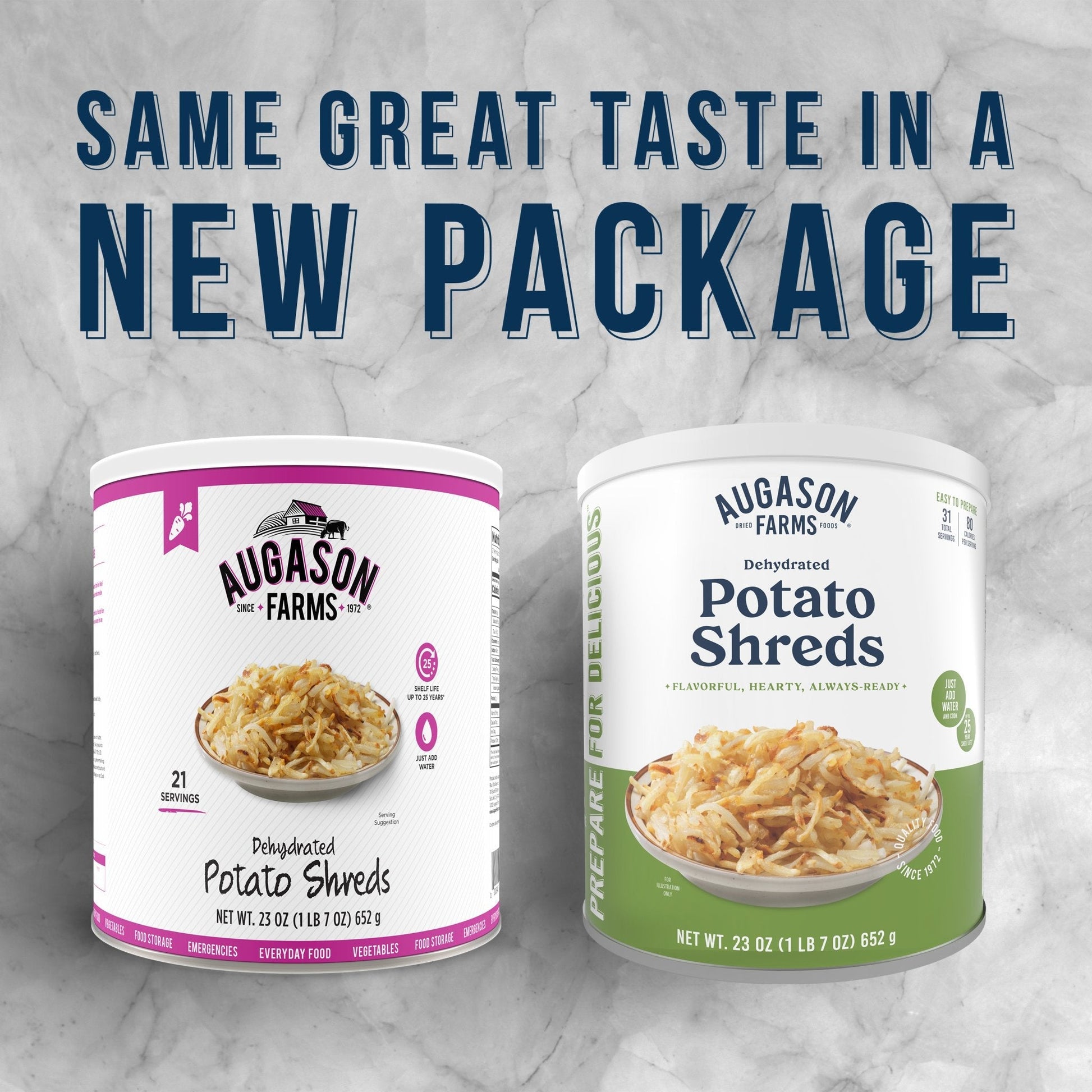 Canned dehydrated potato shreds by Augason Farms in a 31-serving can, ready for rehydration and cooking.