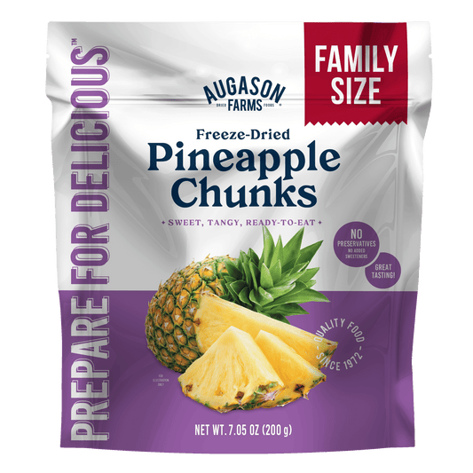 Freeze dried pineapple pieces in a family size pouch by Augason Farms, ready to enjoy as canned food snack or ingredient.