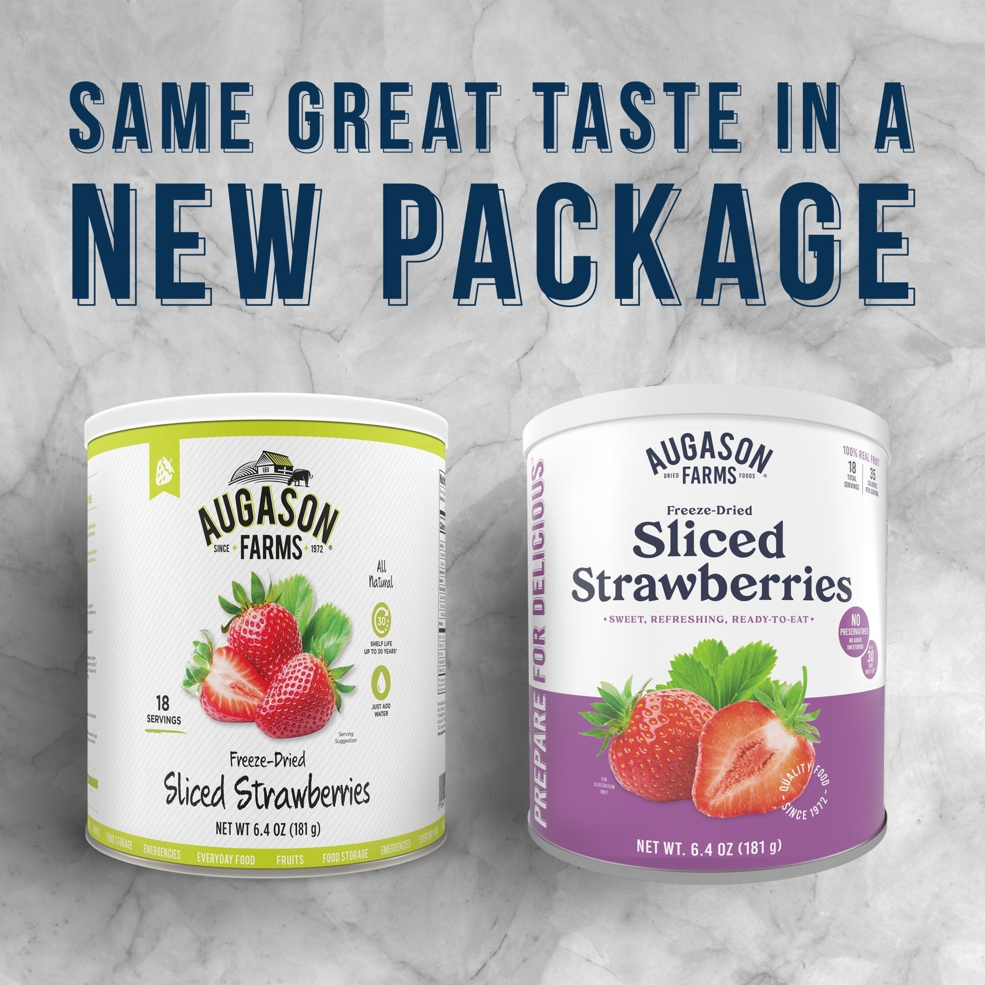 Canned Augason Farms freeze dried sliced strawberries in an 18-serving can, showcasing bright red dried fruit slices.
