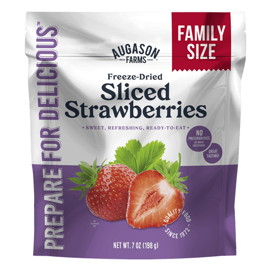 Freeze dried sliced strawberries in a family size pouch by Augason Farms, showing bright red fruit slices in a sealed can.