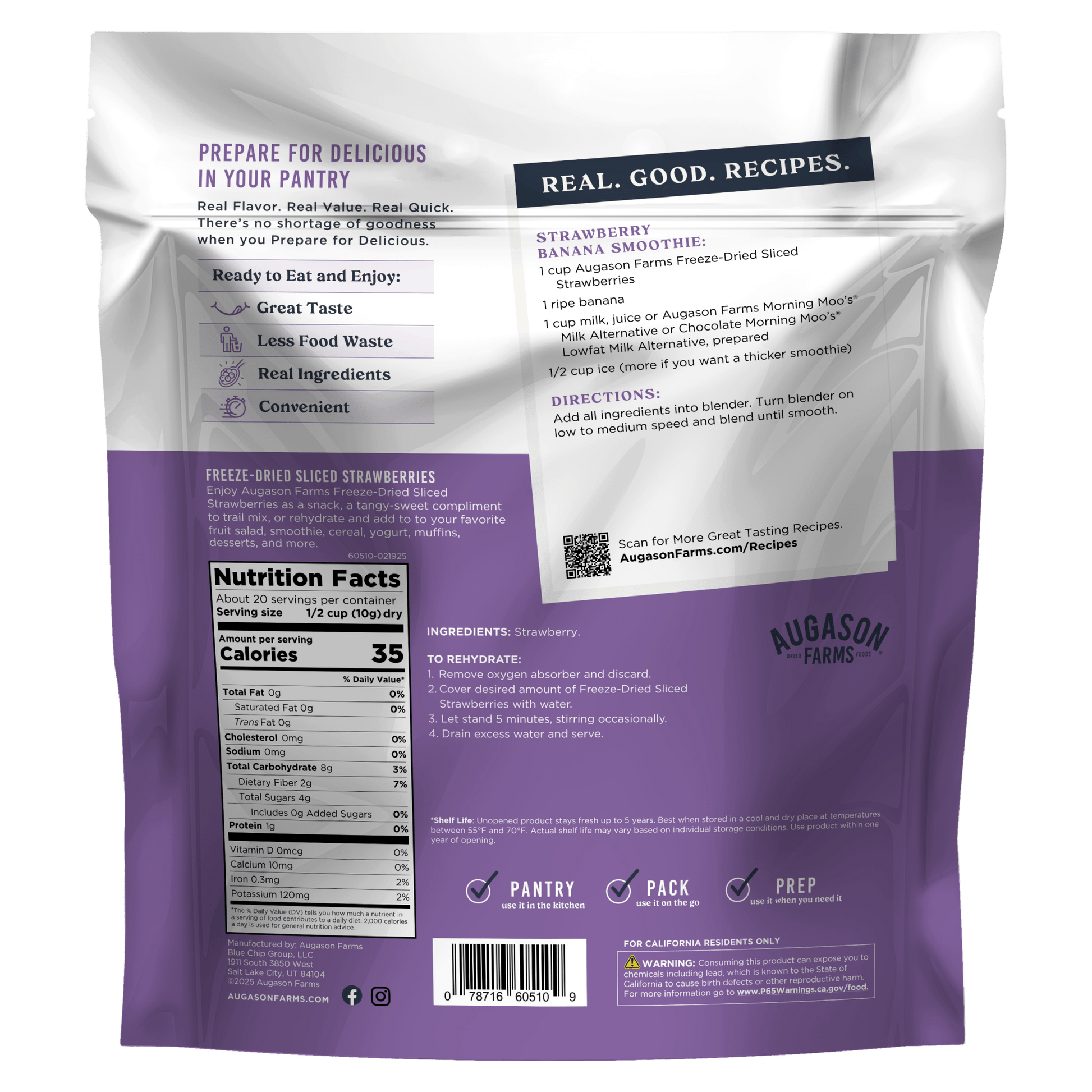 Freeze-dried sliced strawberries in a family size pouch by Augason Farms, ideal for snacks or baking, 20 serving capacity.