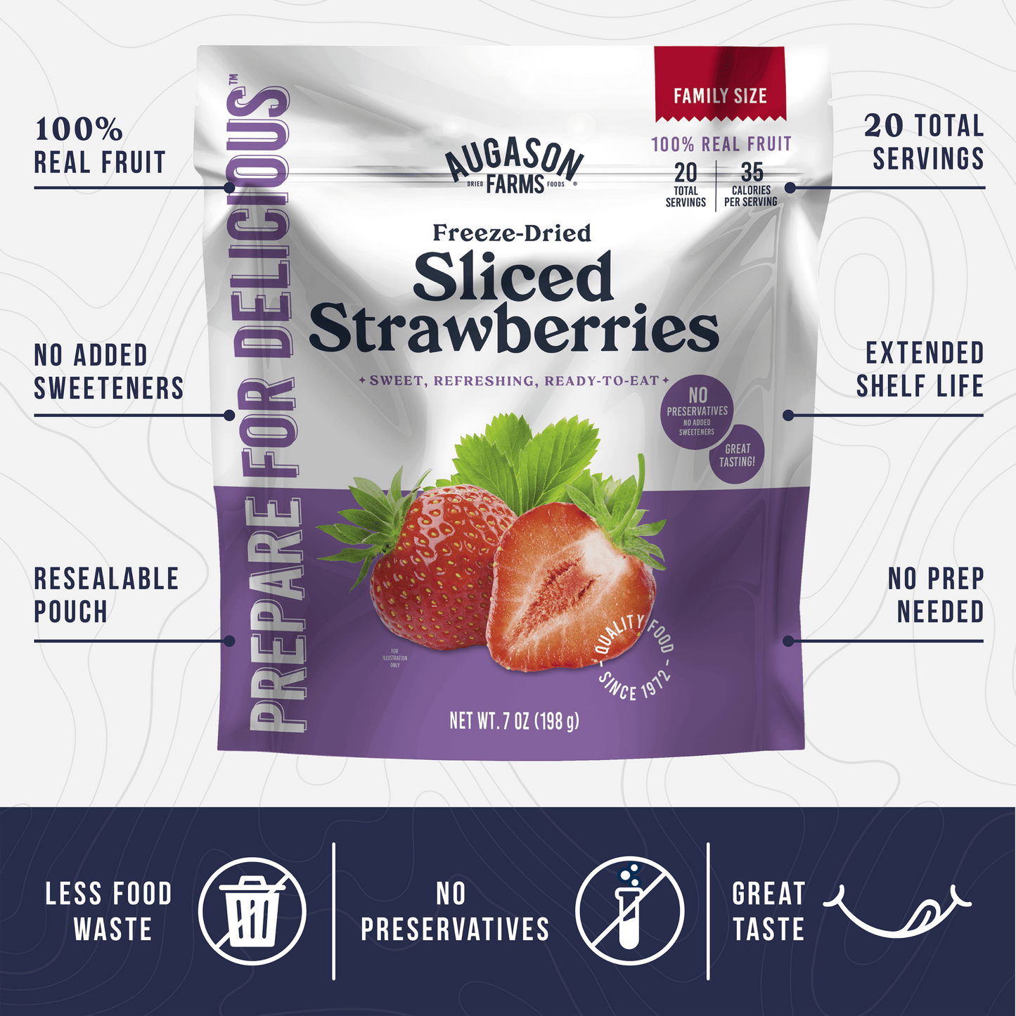 Freeze dried sliced strawberries in a family size pouch by Augason Farms, canned food with 20 servings, ideal for snacking or baking.