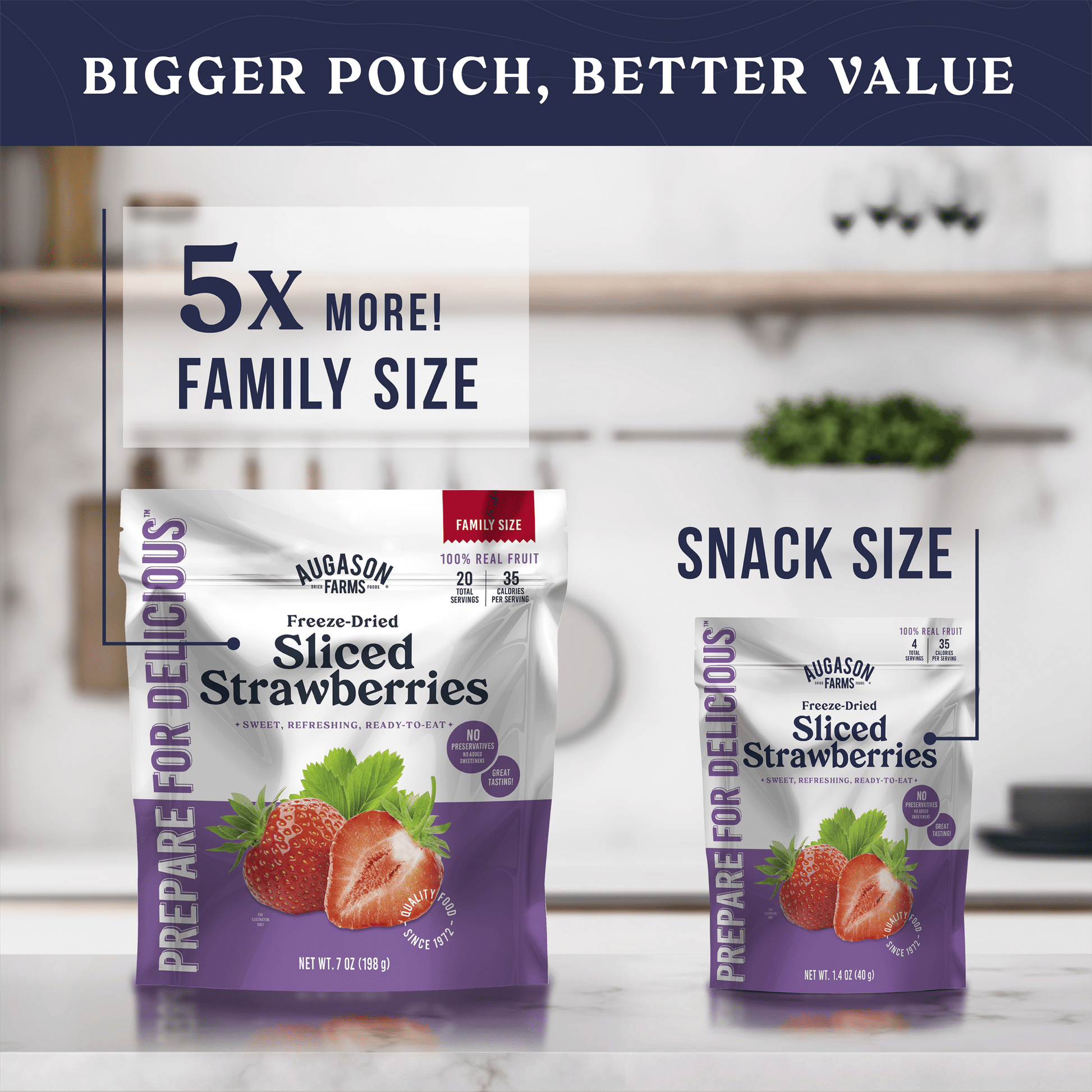 Freeze dried sliced strawberries in a family size pouch by Augason Farms, ideal for snacks and baking, 20 servings.