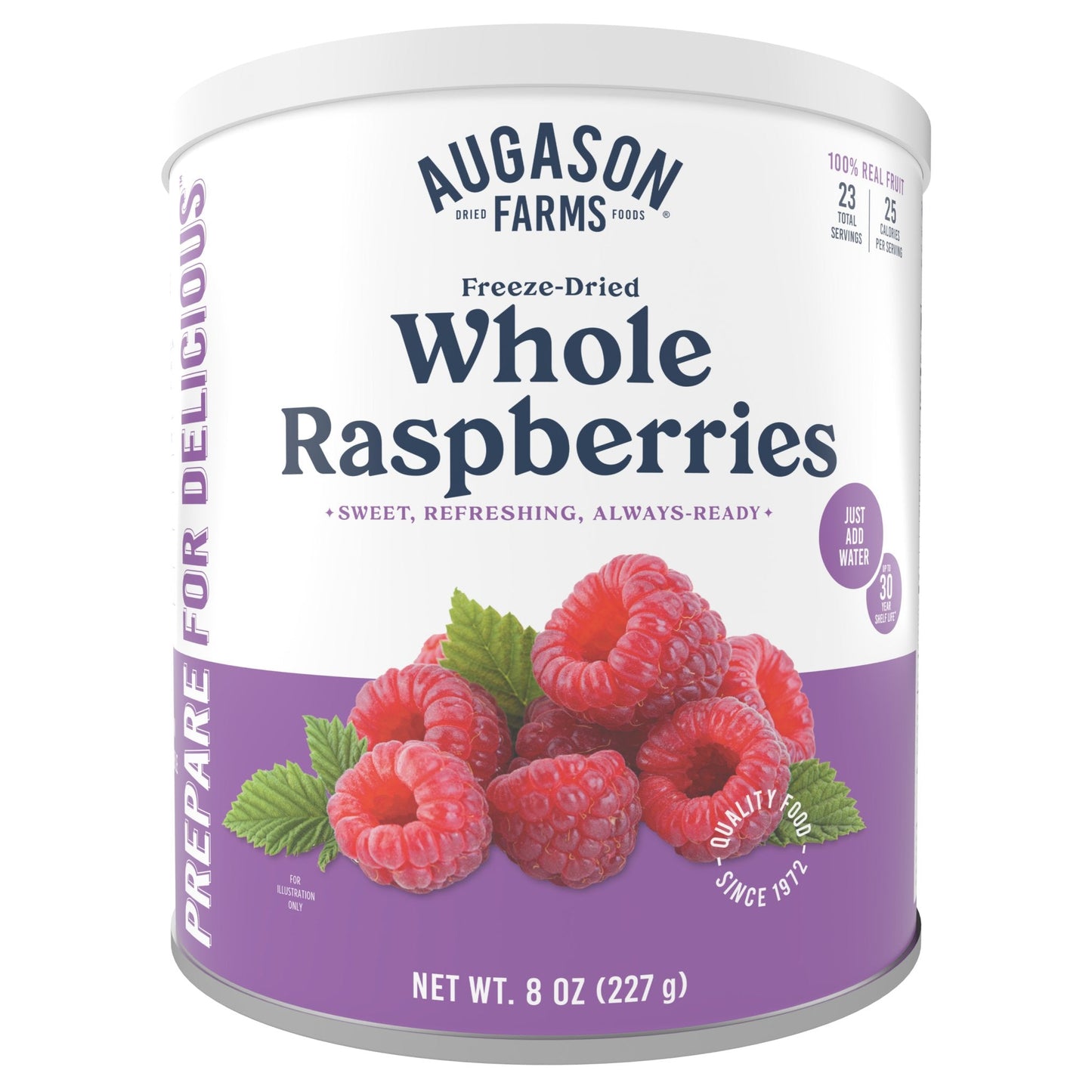 Augason Farms freeze-dried whole raspberries in a can, 23-serving size, ideal for baking, snacks, and cooking.