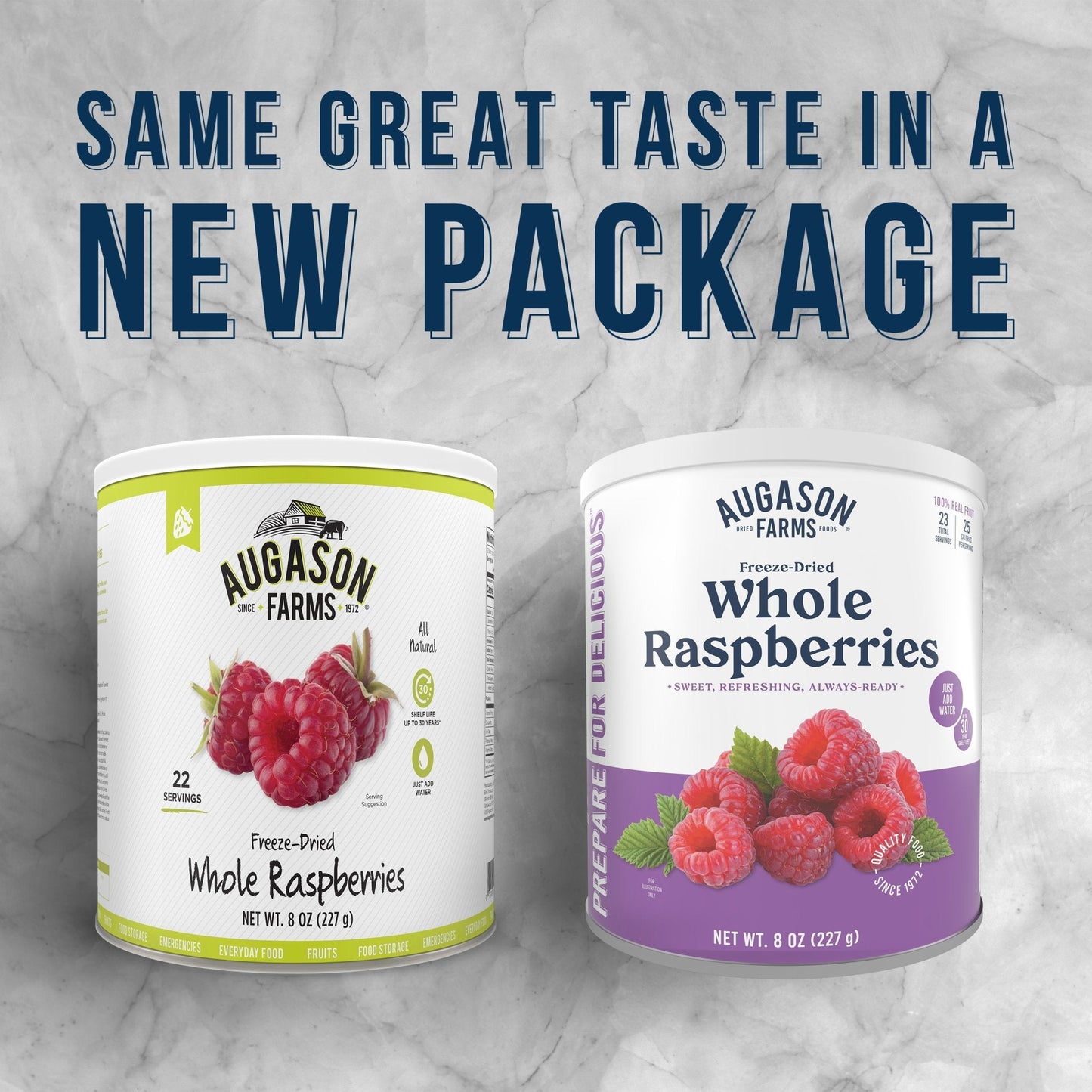 Canned freeze dried whole raspberries from Augason Farms in a 23-serving can, ideal for snacking or baking.