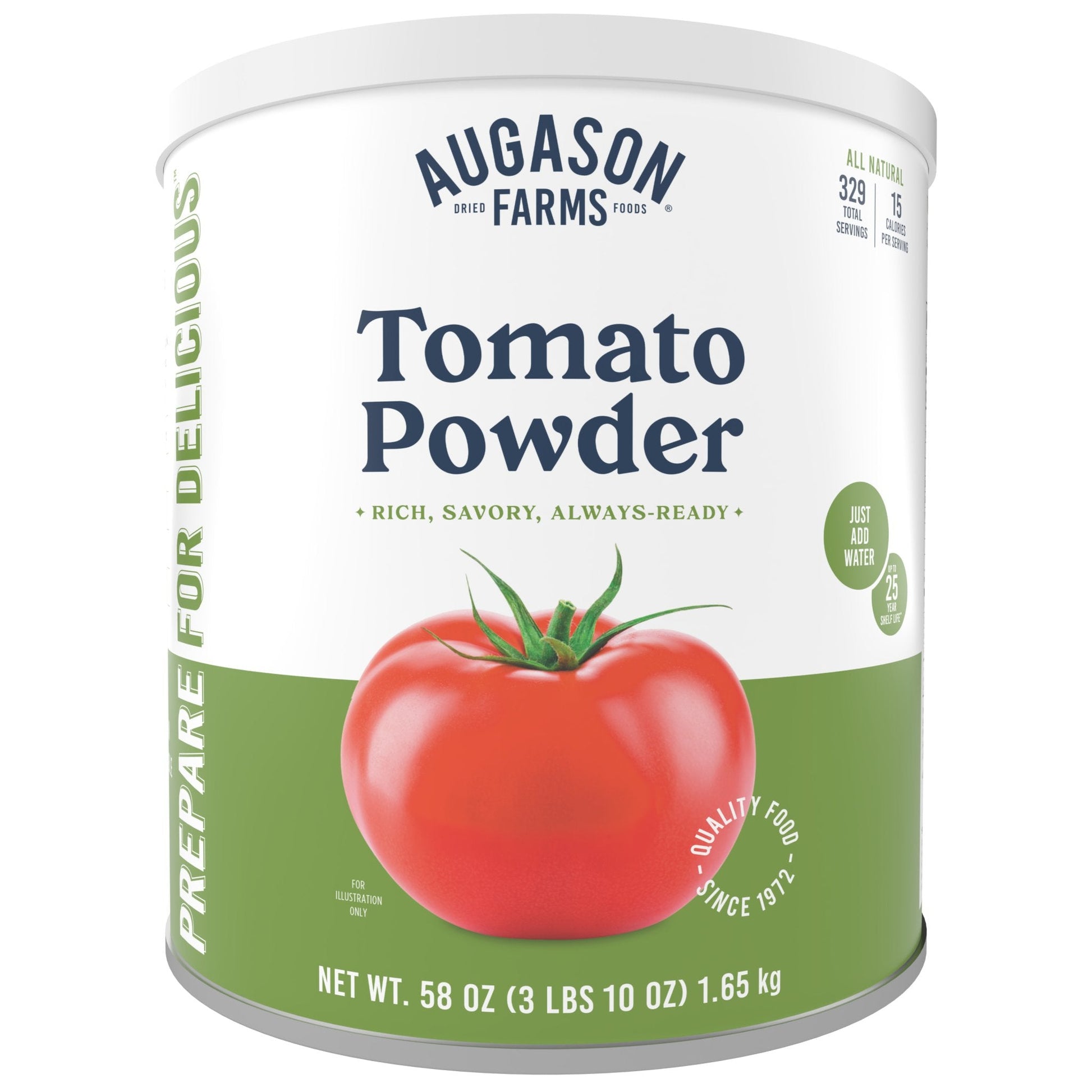 Canned tomato powder from Augason Farms in a 329-serving can, ideal for cooking and food storage.