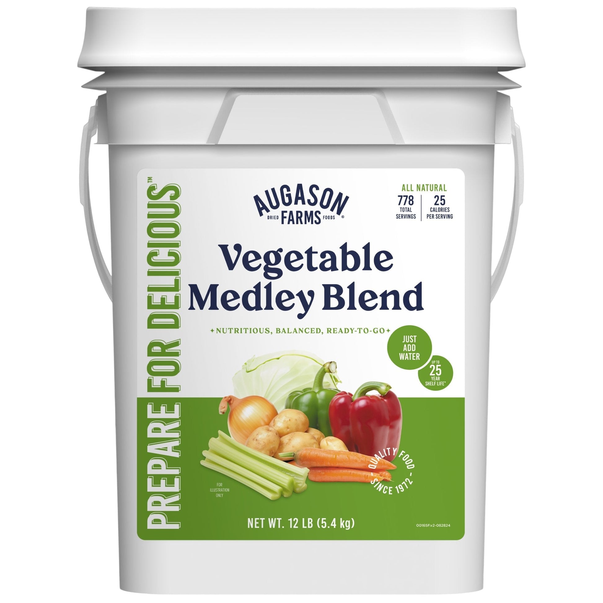 Canned vegetable medley blend in a 4-gallon pail by Augason Farms, offering 778 servings of mixed vegetables.