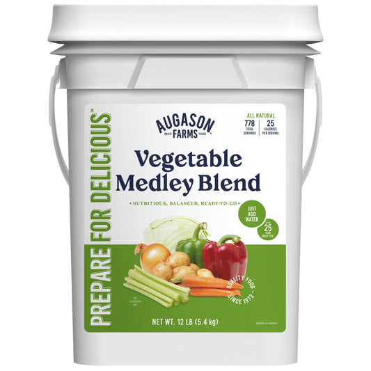 Canned vegetable medley blend in a 4-gallon pail by Augason Farms, offering 778 servings of mixed vegetables.