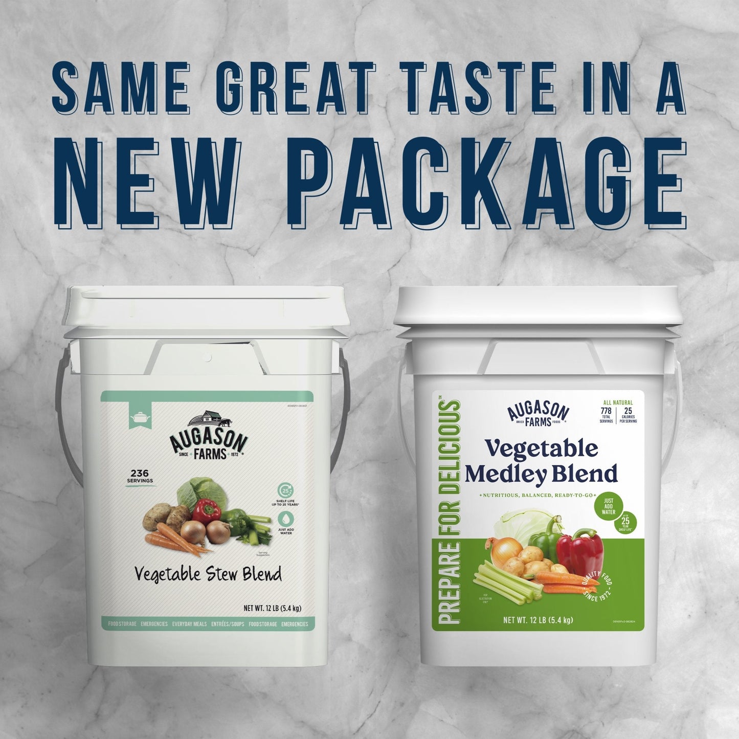 Canned vegetable medley blend in a 4-gallon pail by Augason Farms, offering 778 servings of mixed vegetables.