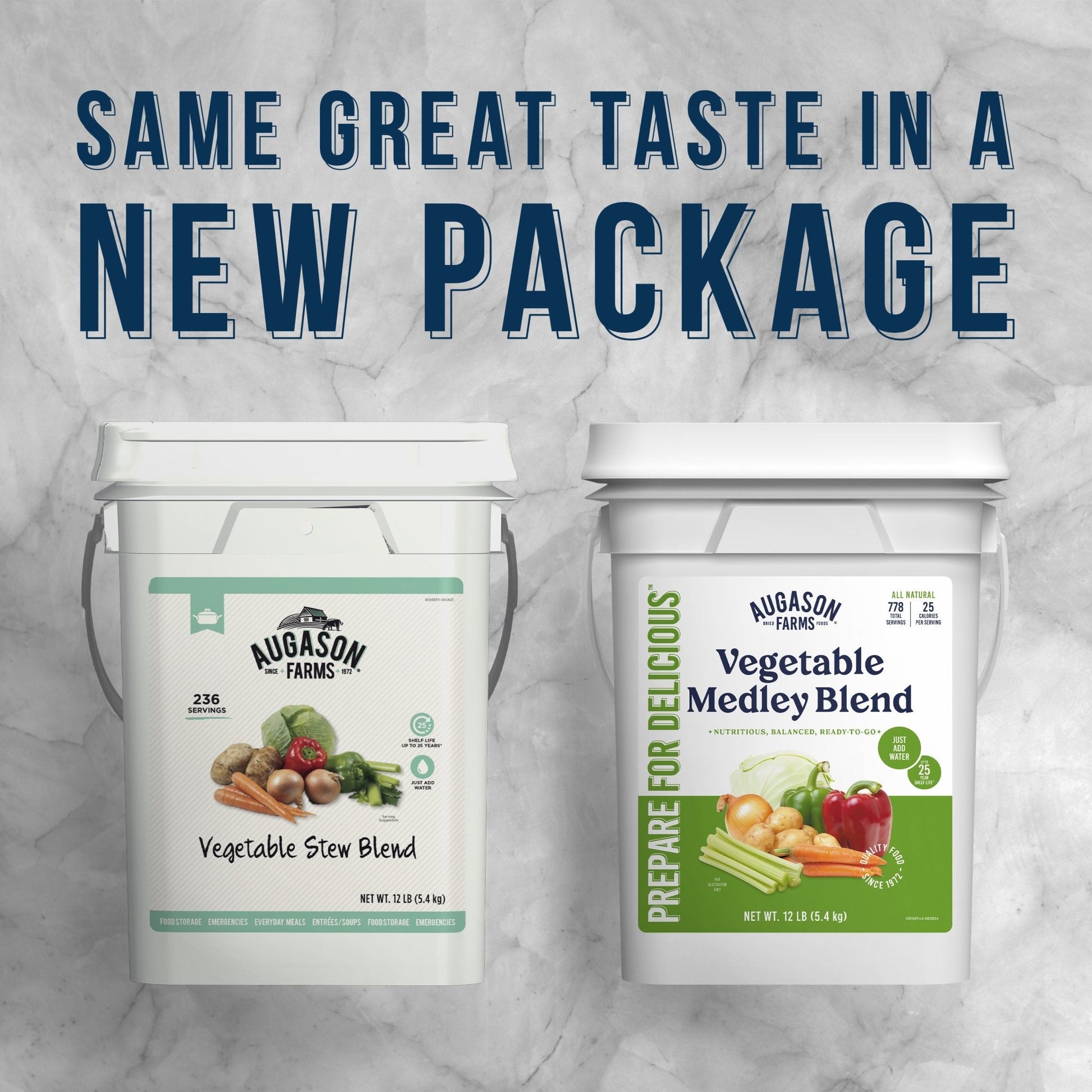 Canned vegetable medley blend in a 4-gallon pail by Augason Farms, offering 778 servings of mixed vegetables.