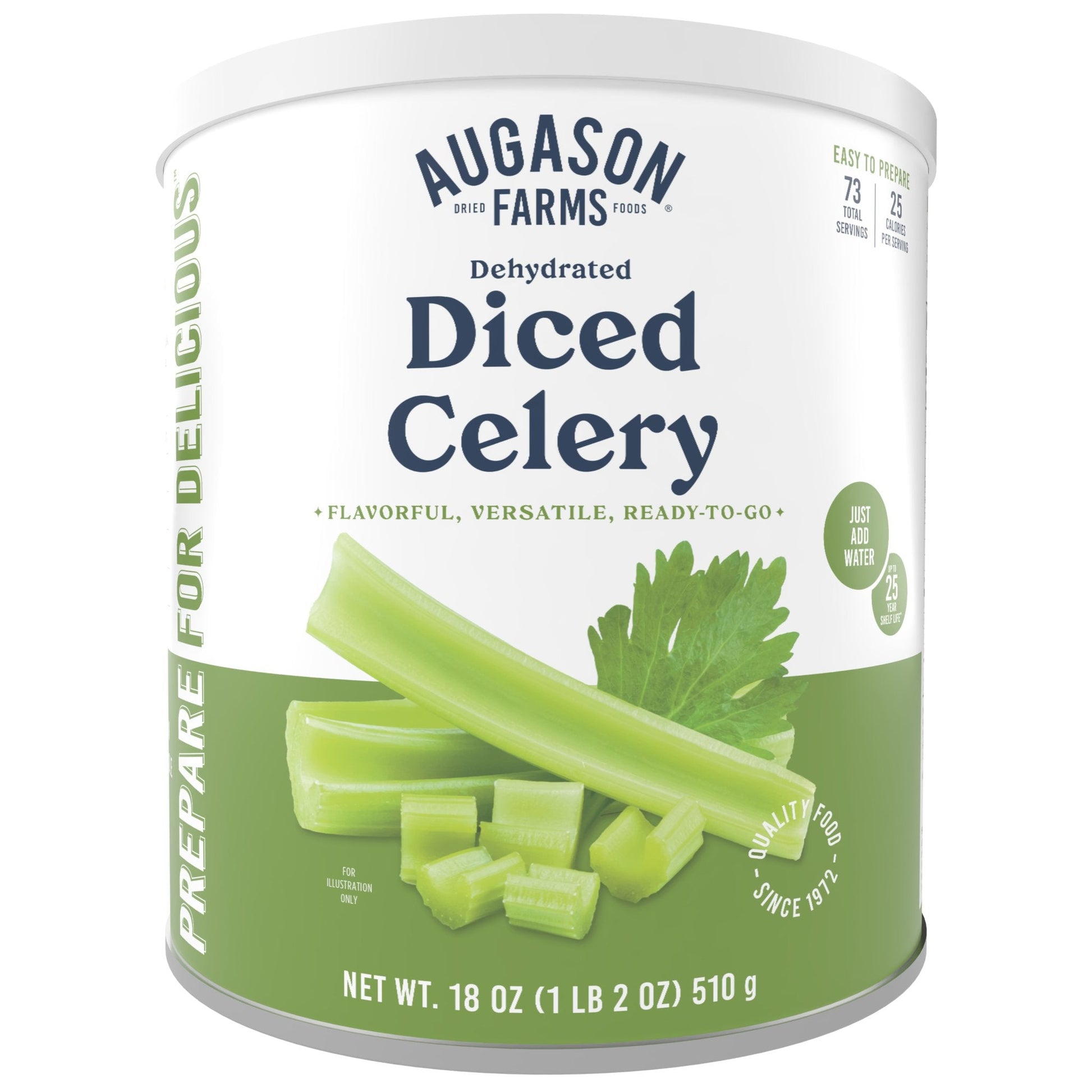 Canned dehydrated cross-cut celery from Augason Farms in a 73-serving can for long-term food storage.