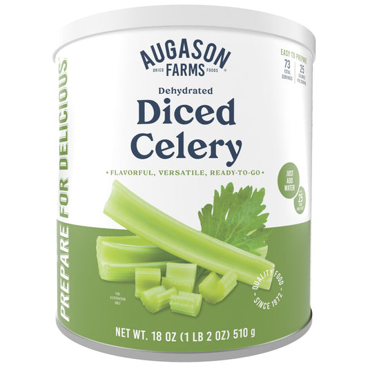 Canned dehydrated cross-cut celery from Augason Farms in a 73-serving can for long-term food storage.