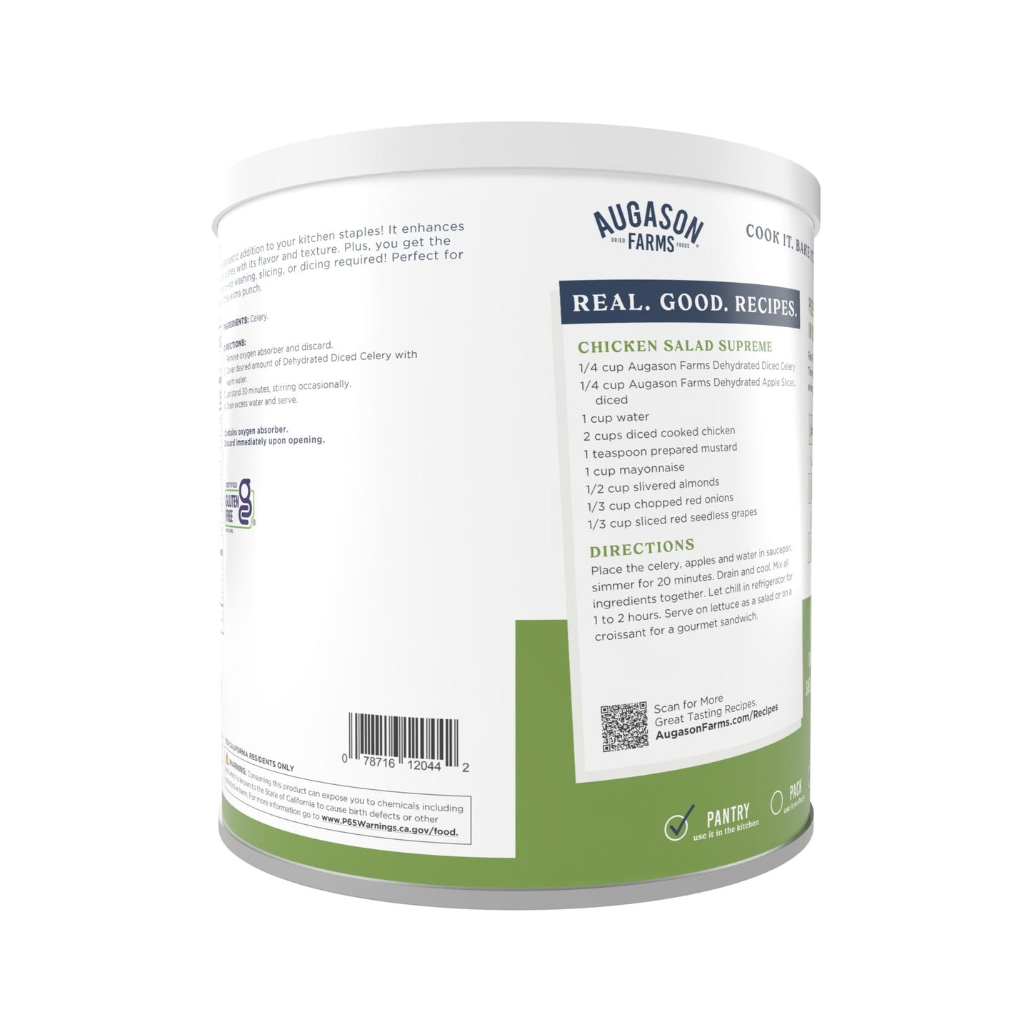 Canned dehydrated cross-cut celery from Augason Farms, 73 servings in a sealed can for long-term storage.