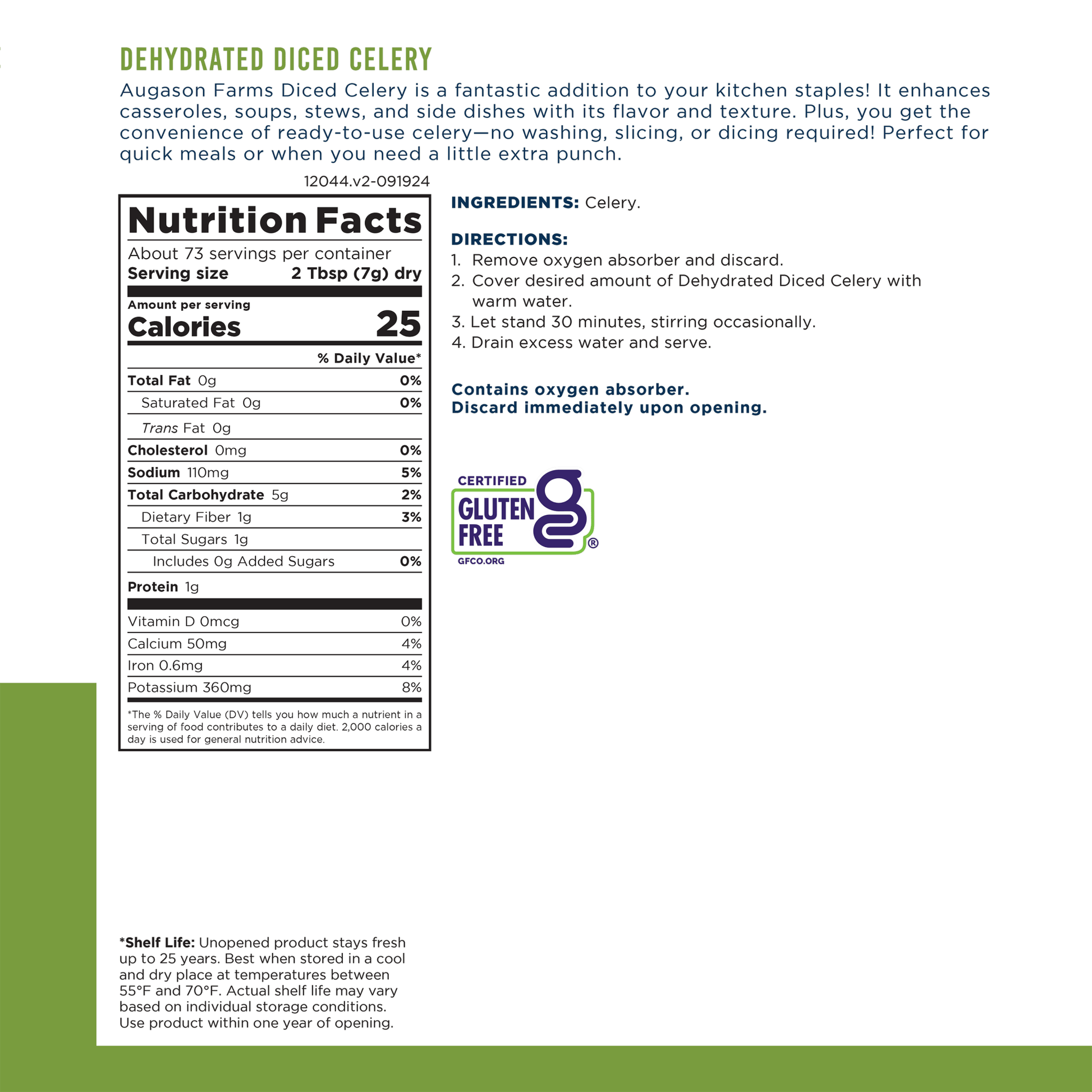Dehydrated cross-cut celery in a can by Augason Farms, 73 servings, for long-term food storage and cooking.
