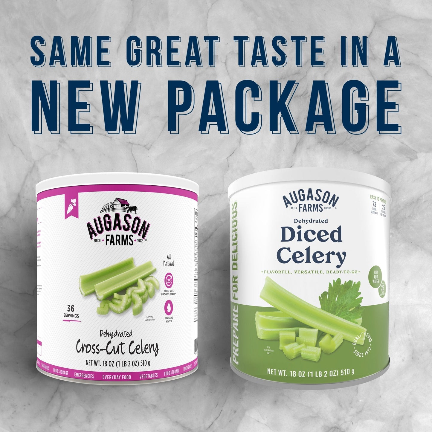 Dehydrated cross cut celery in a canned can from Augason Farms, offering 73 servings of dried celery for long-term storage.