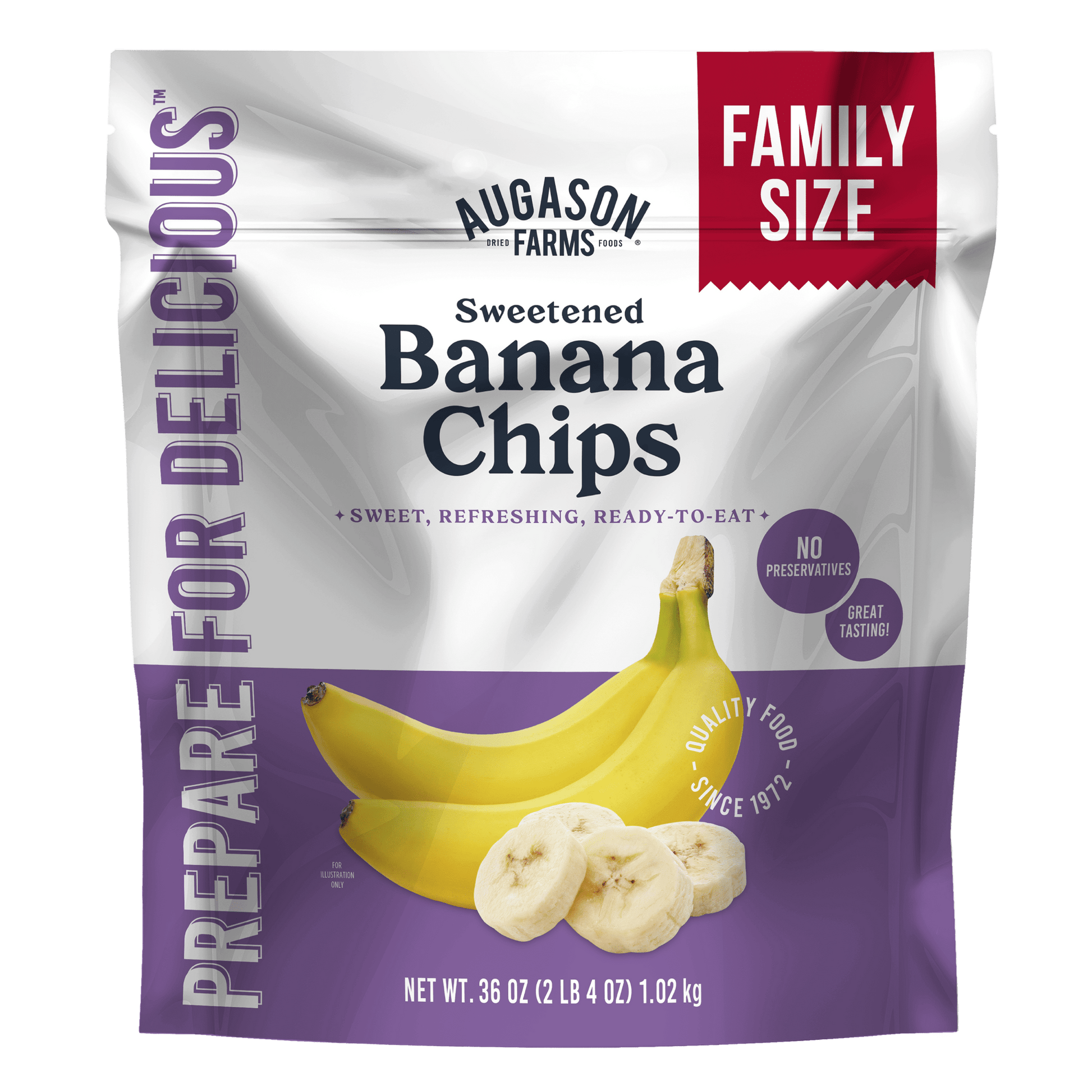 Augason Farms banana chips in a large family size pouch, showing golden banana slices ready to eat or snack.