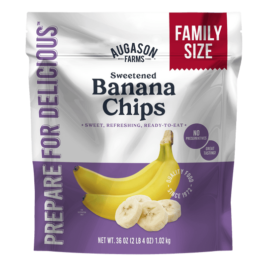 Augason Farms banana chips in a large family size pouch, showing golden banana slices ready to eat or snack.