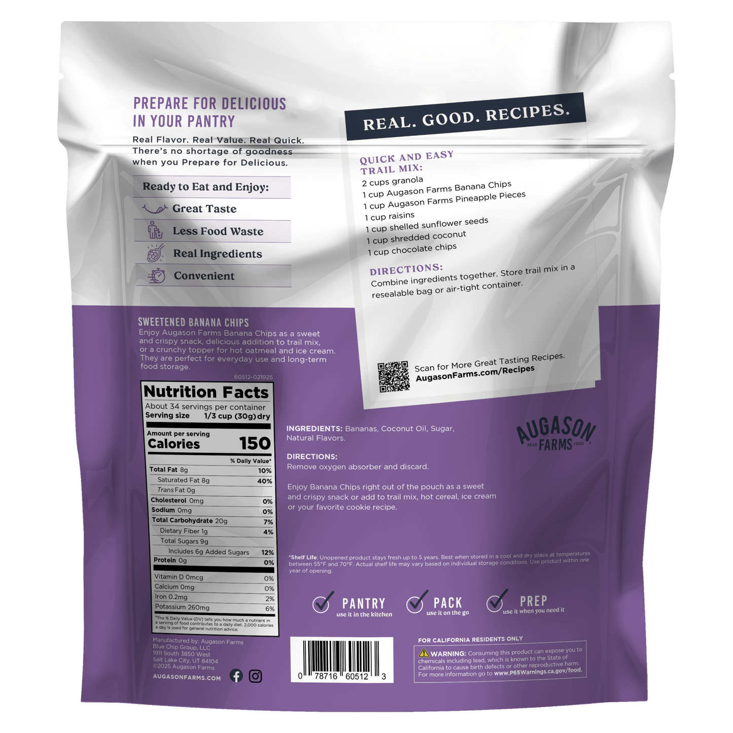 Augason Farms Banana Chips Family Size Pouch with 34 servings, crispy snack with sliced bananas in a large resealable bag.